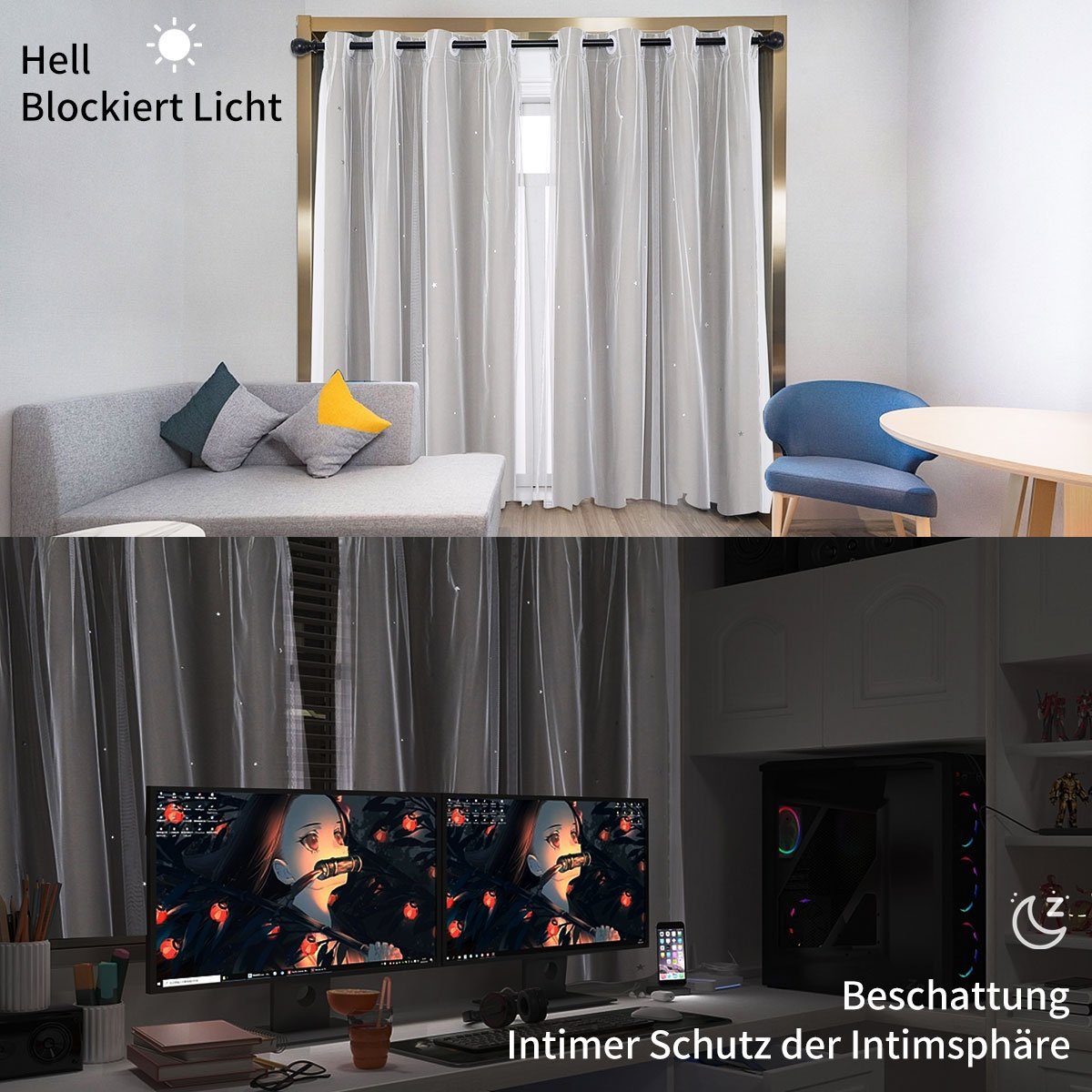 Vorhang Ausgehöhlten Sterne Gardinen Dekor, Ösen (2 MOOHO, mit Set Schlafzimmer Kinderzimmer Grau Kindervorhänge Voile Polyester, Ösenvorhang St), für 2er blickdicht, Verdunkelungsvorhang