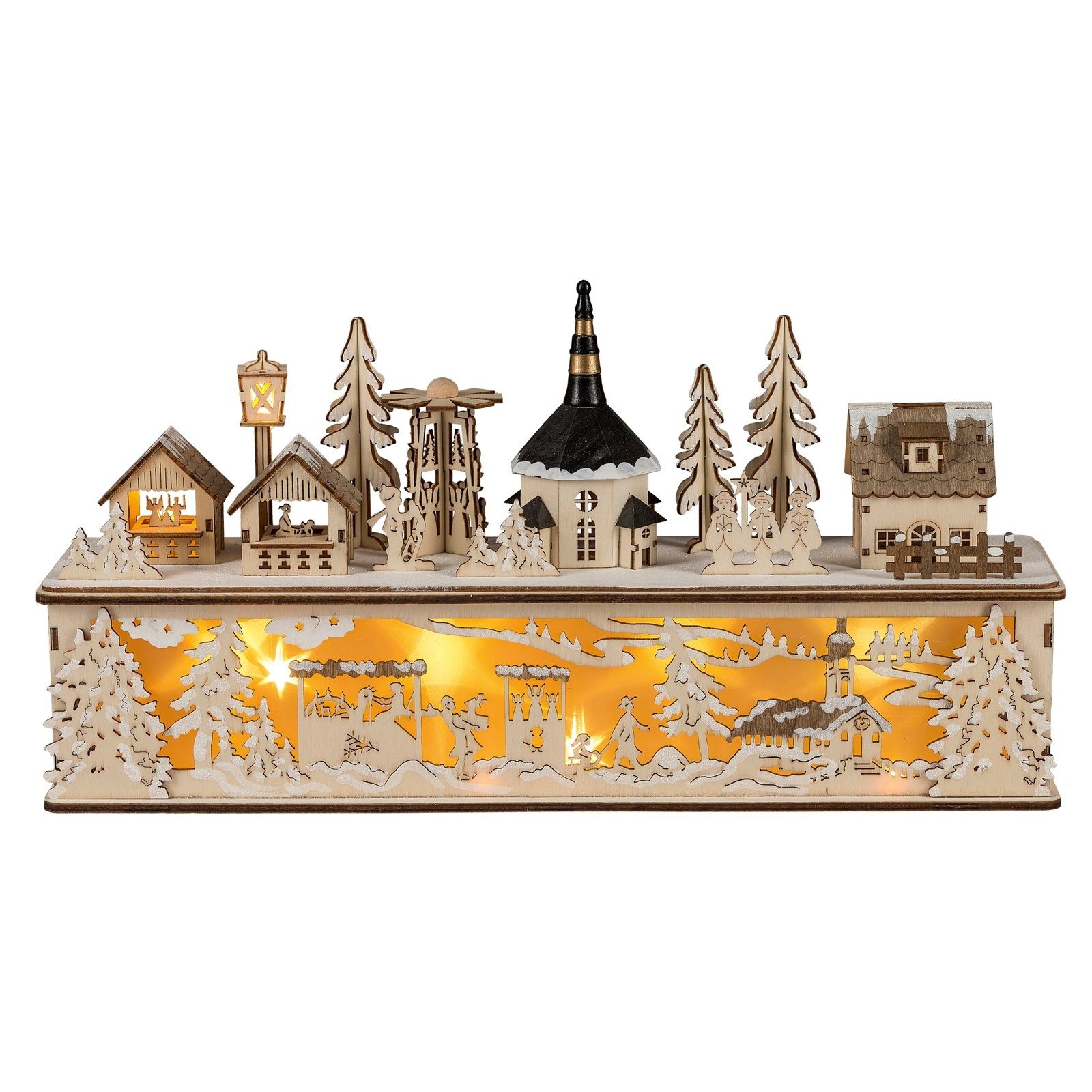 HGD Holz-Glas-Design Weihnachtsfigur Winterdorf mit Seiffener Kirche (Stück, 1 St., Weihnachtsdeko, ohne Batterien), Weihnachtsdeko beleuchtet batteriebetrieben