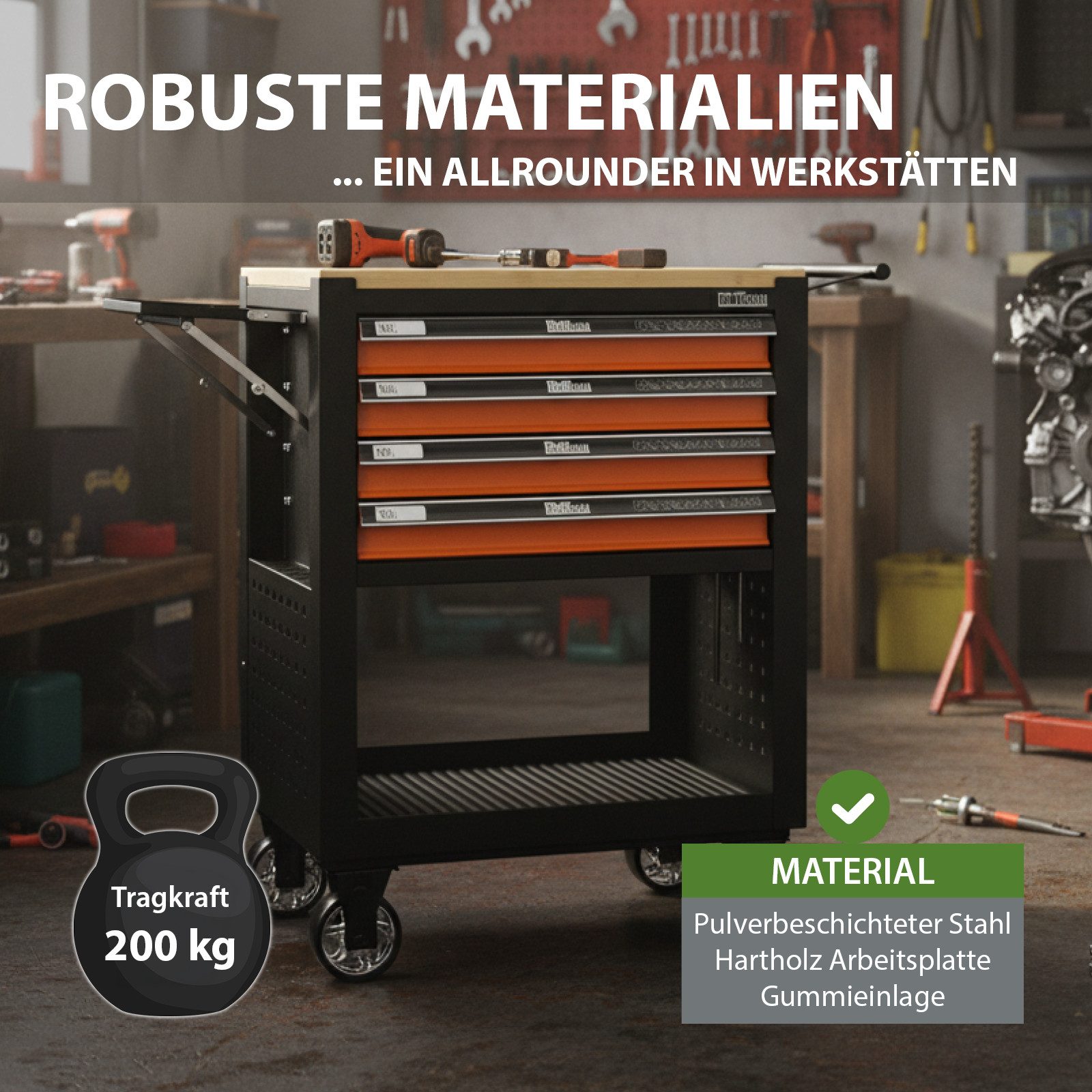 TRUTZHOLM Werkstattwagen 4 Schubladen leer Hartholz Arbeitsplatte Profi Compact Werkzeugwagen, leer