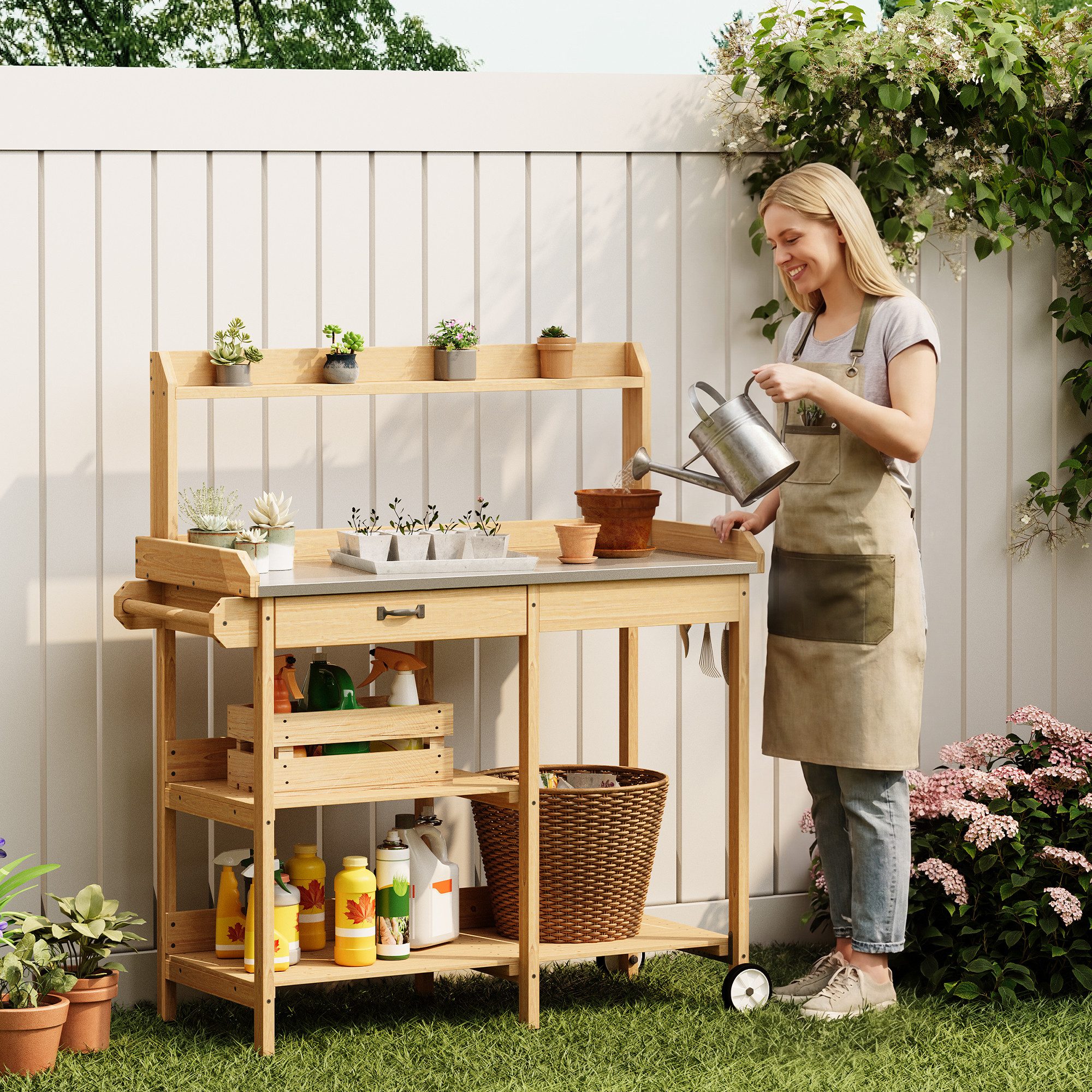 Bealife Garten-Geräteschrank Pflanztisch, Gärtnertisch, Pflanzenregal Mit Rollen, (Set), mit Schubladen, Ablagefläche und Haken,108 x 43 x 120 cm