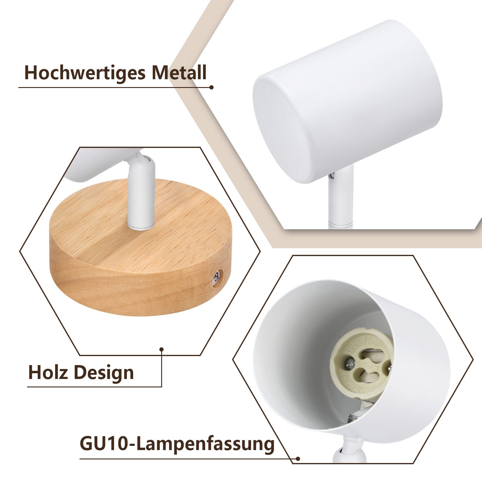 ZMH Deckenstrahler 1 Flammig GU10 Deckenlampe Holz - Deckenleuchte Schwenkbar 350° Flur, ohne Leuchtmittel, Flexibel einstellbare Deckenleuchte Schlafzimmer – Bild 3 von 5