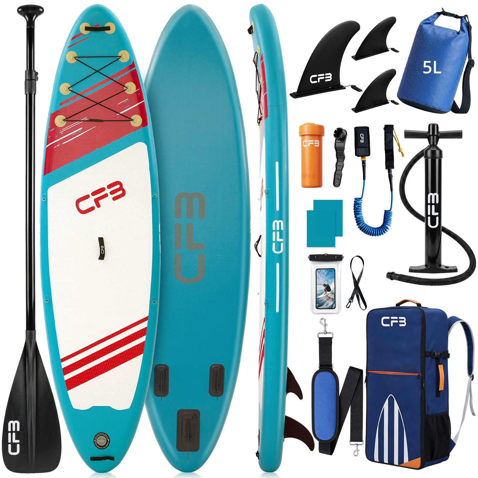 CFB SUP-Board Set 320x84x15 cm, Belastbarkeit 160 kg, Aufblasbares Stand Up Paddle Board, (mit 84 cm Standfläche & großem EVA-Deckpad, 12 tlg., SUP Set mit Paddel, Pumpe, Rucksack, Dry Bag, Handyhülle, Schultergurt), stabil, leicht und rutschfest, 3-Finnen-System für Anfänger