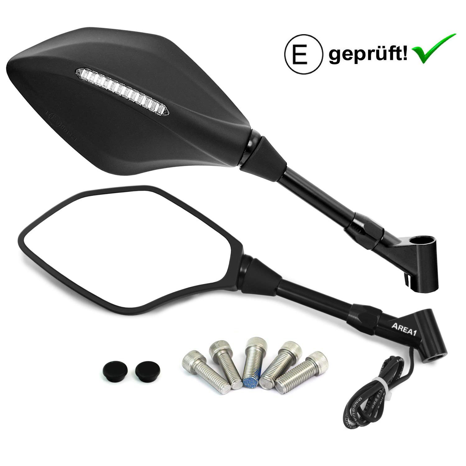 Motorradspiegel Set mit LED Blinkern; E-geprüft 2xM10 Rechts+1xLinksgewinde