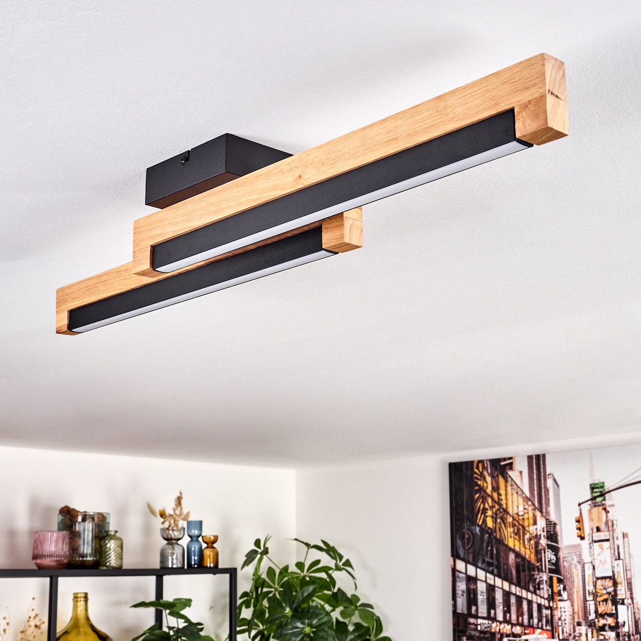 hofstein Deckenleuchte Deckenlampe aus Metall/Holz/Kunststoff in Schwarz/Naturfarben/Weiß, LED wechselbar, 774 Kelvin, skandinavisches Design, Länge 70 cm, 12 W – Bild 2 von 5