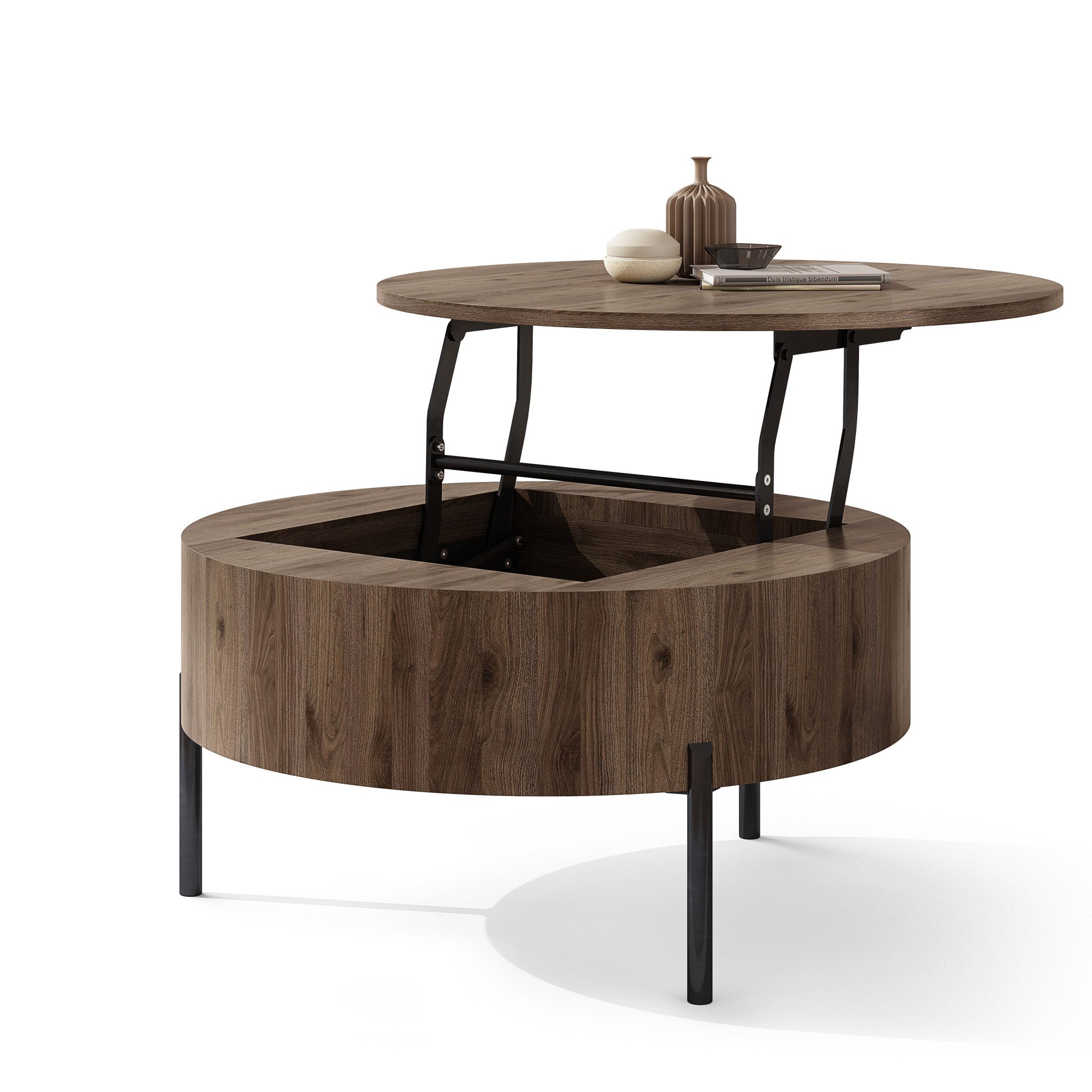 designimpex Couchtisch ZAF-1 rund aufklappbar höhenverstellbar mit Stauraum Wohnzimmer Tisch, Funktionstisch, Wohnzimmertisch, Tisch, Esstisch, Sofatisch, Rollen