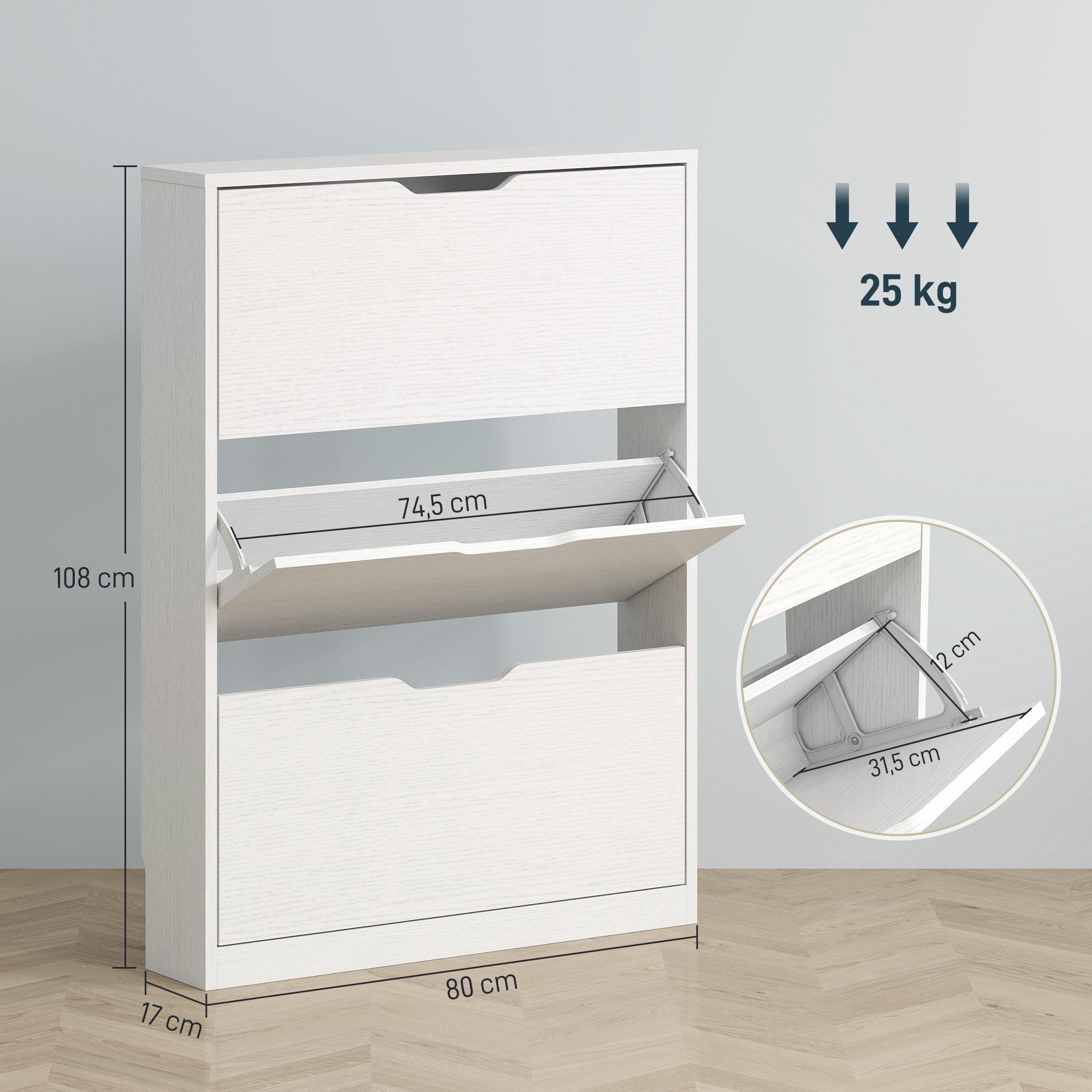HOMCOM Schuhschrank mit 3 Schubladen und Klapptüren (Schuhkommode für 12 Paar Schuhe, 1-St., für Flur, Eingangsbereich) 80 x 17 x 108 cm, Weiß