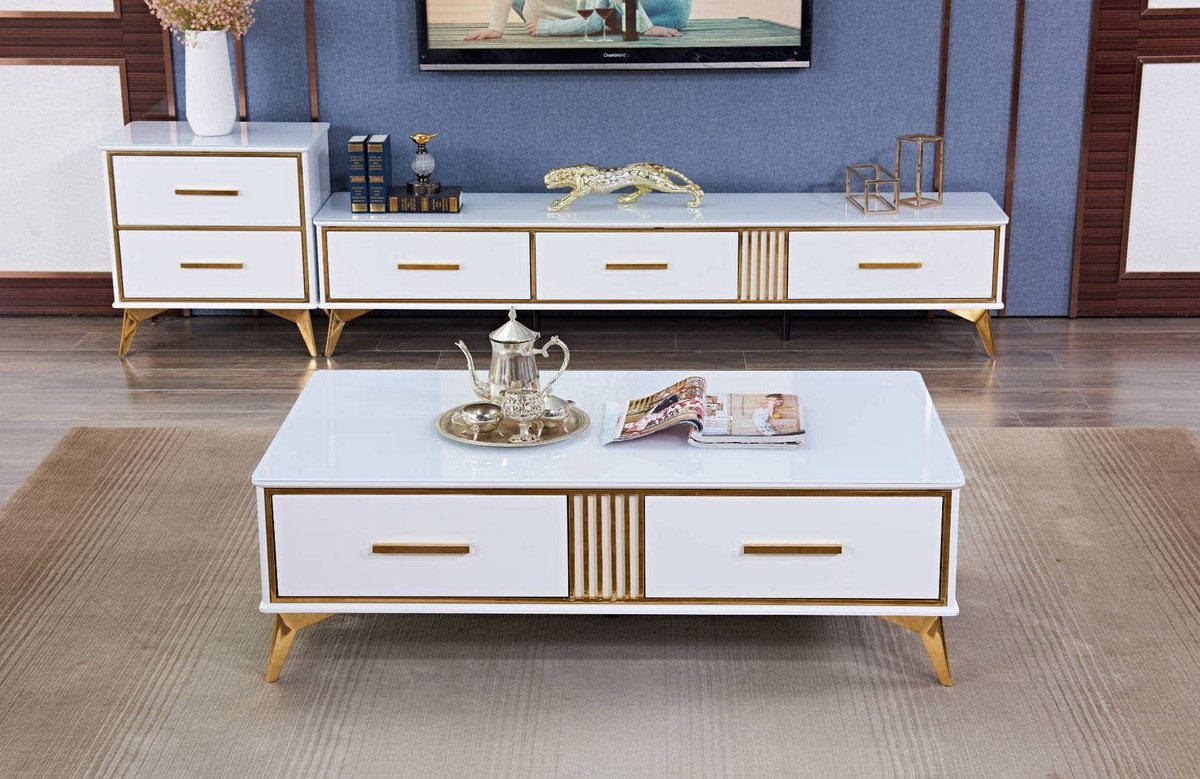 Weiß mit Gold - x Möbel 70 Padrino Couchtisch / 2 Wohnzimmertisch Couchtisch Casa Moderne 41 H. x 130 Schubladen cm - Luxus Moderner