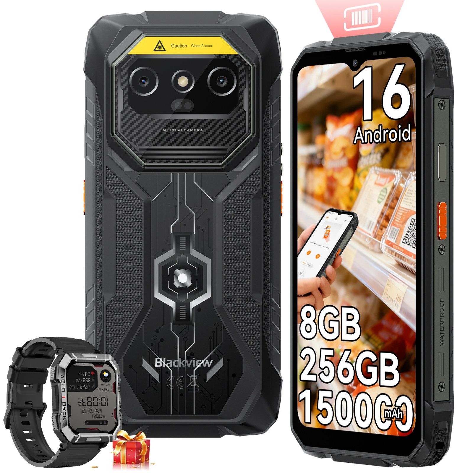 blackview ROCK 1 Pro 2D-Scan, Android 16, 15000mAh, 32GB+256GB incl. W60 Outdoor Smartphone (16,66 cm, 16 MP+20 MP Kamera, Android 16, 6,56"+2.01", 256GB, 16MP+20MP Nachtsicht, 33W)