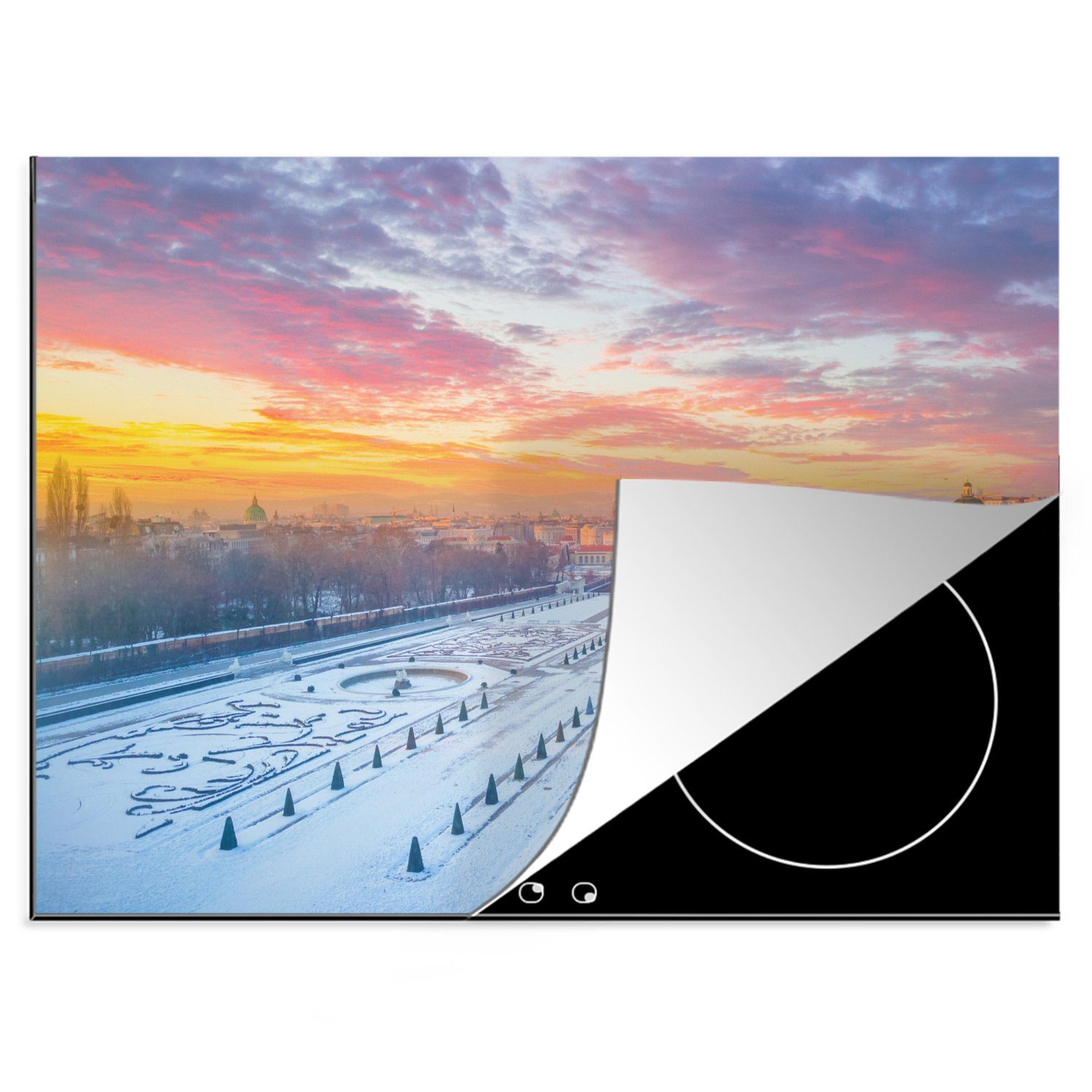 MuchoWow Herdblende-/Abdeckplatte Sonnenuntergang - Wien - Schnee, Vinyl, (1 tlg), 70x52 cm, Mobile Arbeitsfläche nutzbar, Ceranfeldabdeckung