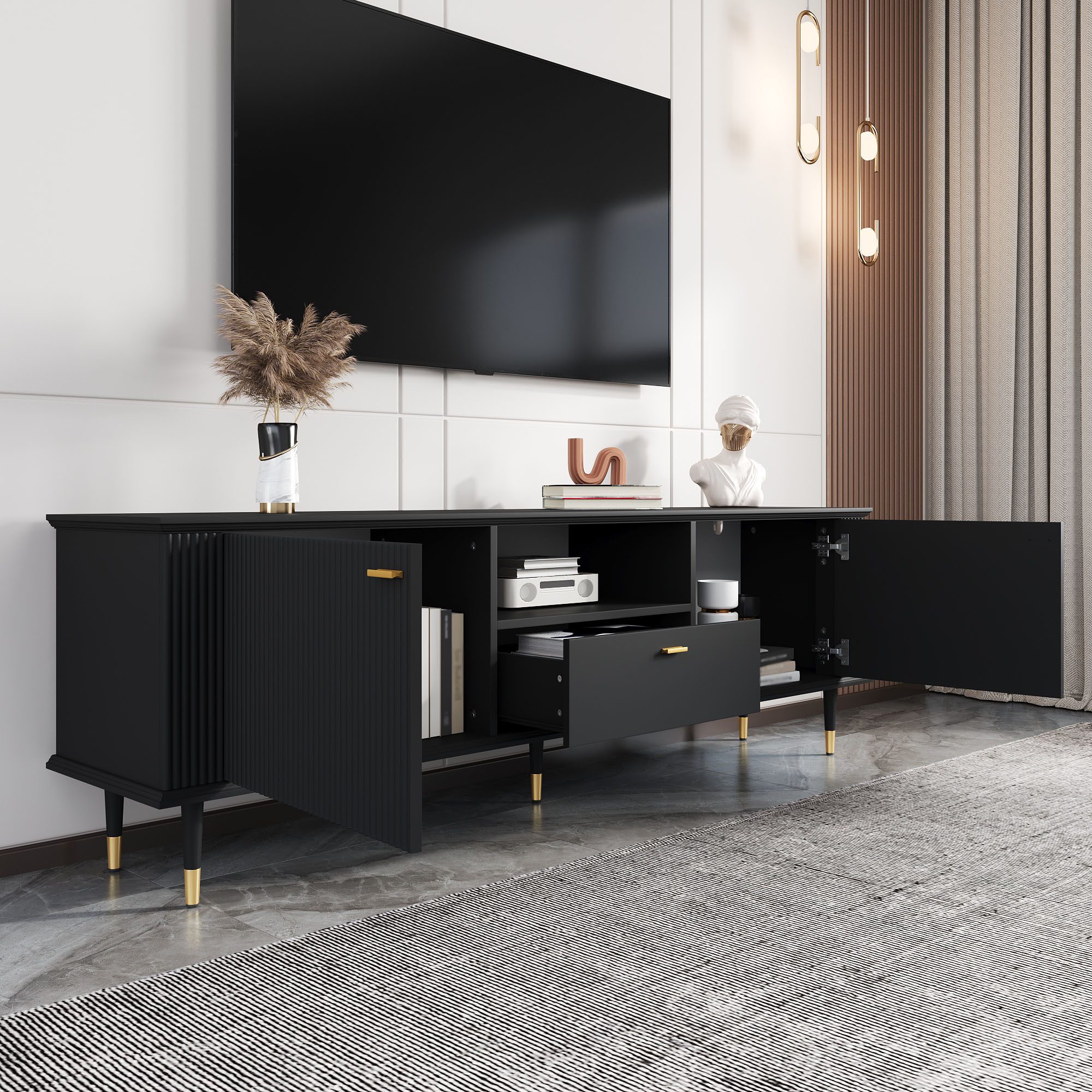 Merax Lowboard mit Soft-Close-Funktion, Hochglanz Fernsehschrank Sideboard (1 St), TV-Schrank mit 2 Türen, Schublade & offenen Fächern, 170x36x54cm