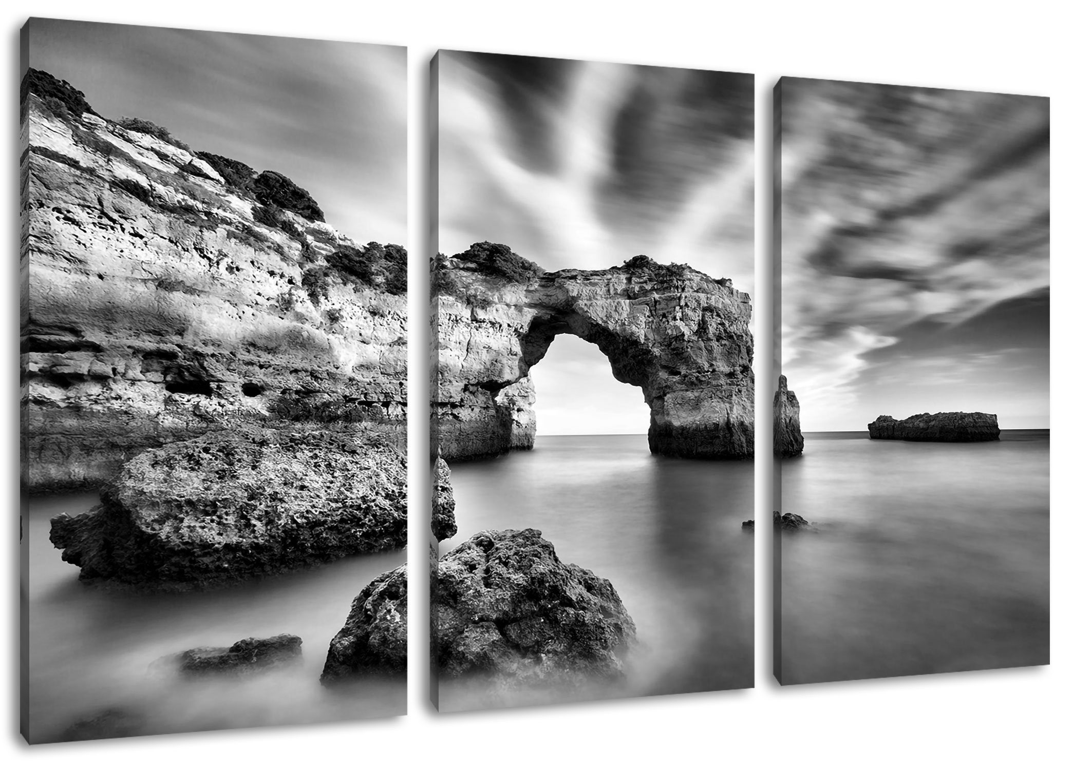 3Teiler Meer, Berg Riesiger inkl. St), im Berg bespannt, (1 Leinwandbild Pixxprint Leinwandbild fertig (120x80cm) im Riesiger Zackenaufhänger Meer