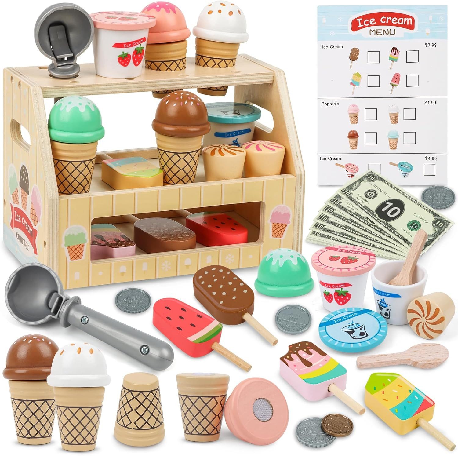 LaCute Spielküche Holz Eisdiele Spielset 36-teilig Kinder Eisstand Zubehör Kaufladen Holz, Realistisches Rollenspiel fördert Kreativität Sprache Sozialverhalten