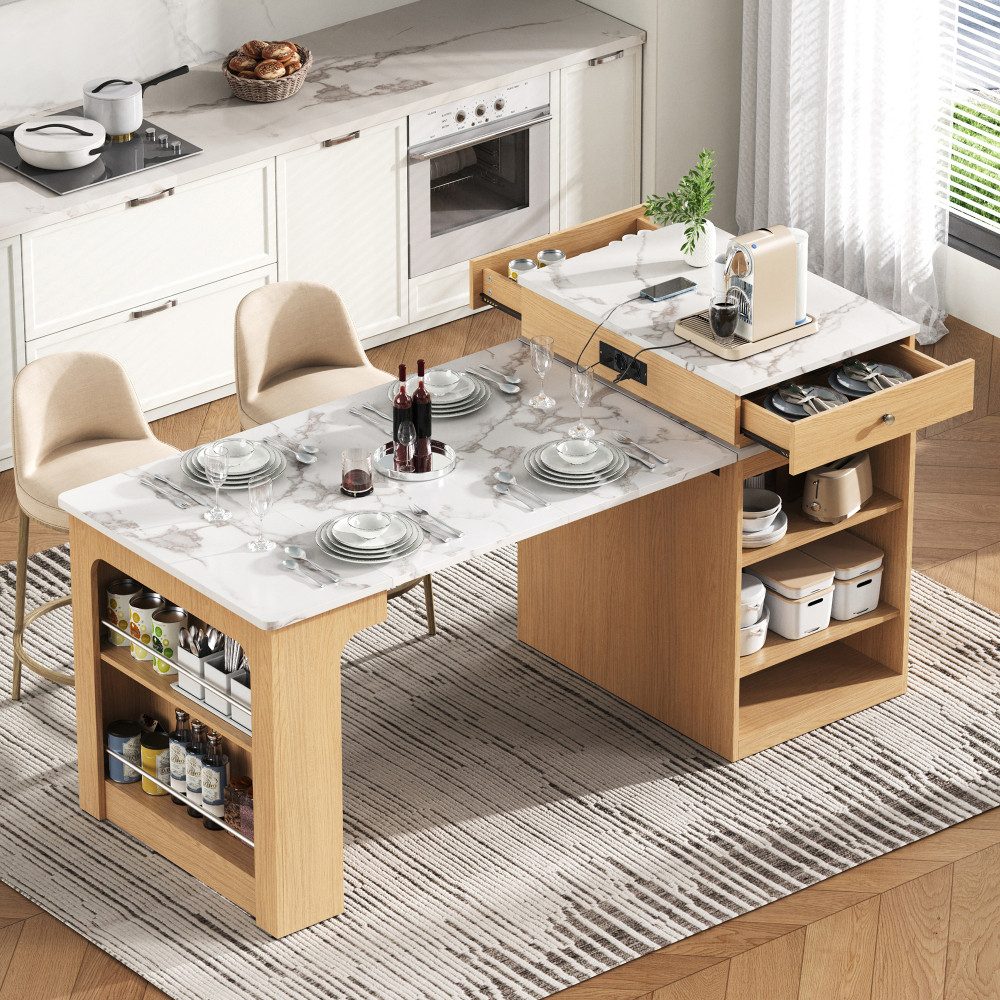BBWL Kücheninsel mit Rollen Ausziehbarer Esstisch, abnehmbarer Tischplatte, Kücheninsel mit Steckdosen, Sideboard mit Stauraum