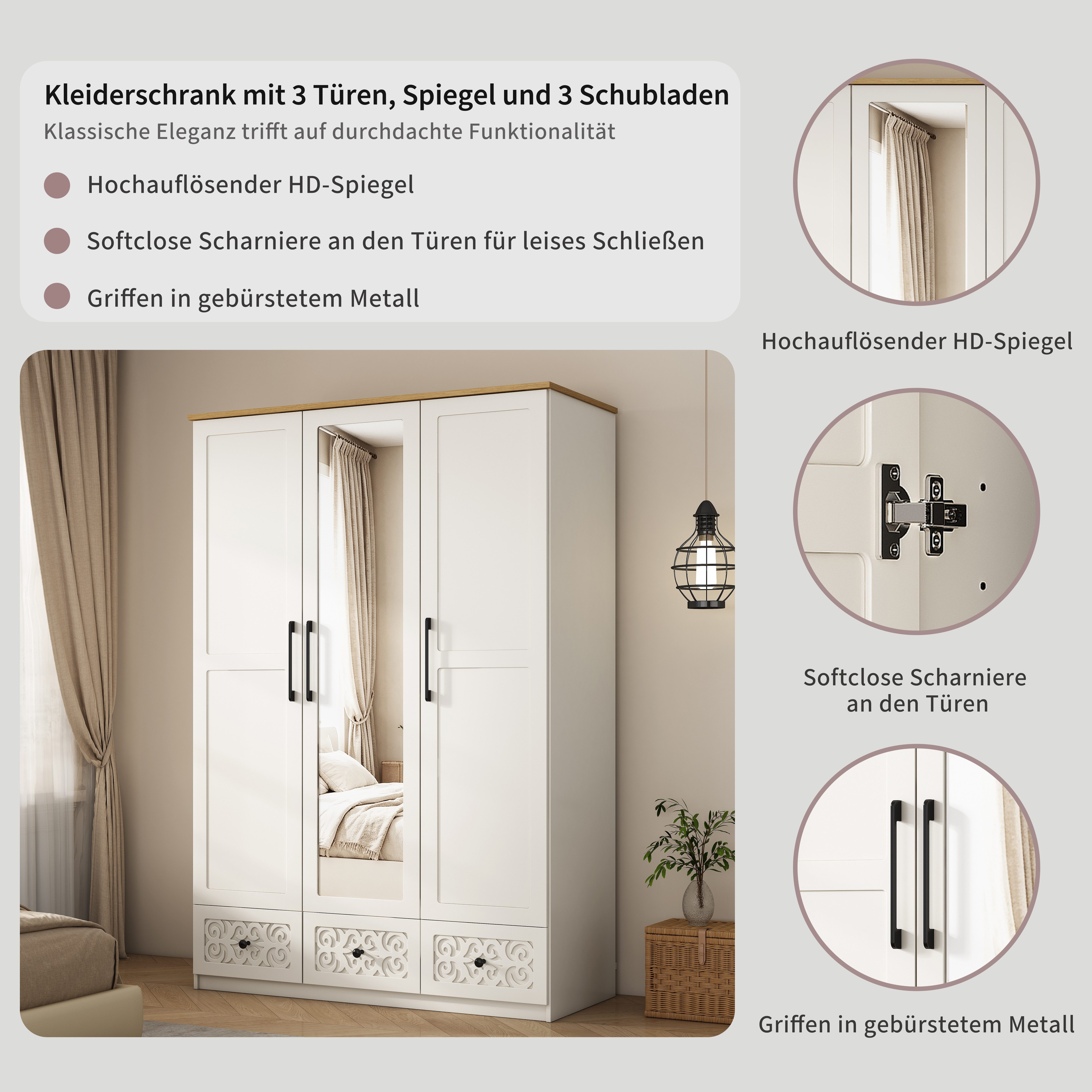 OTTO home Kleiderschrank EZZON-KS Landhaus Design Schlafzimmerschrank mit Verzierungen und Spiegel – Bild 3 von 5
