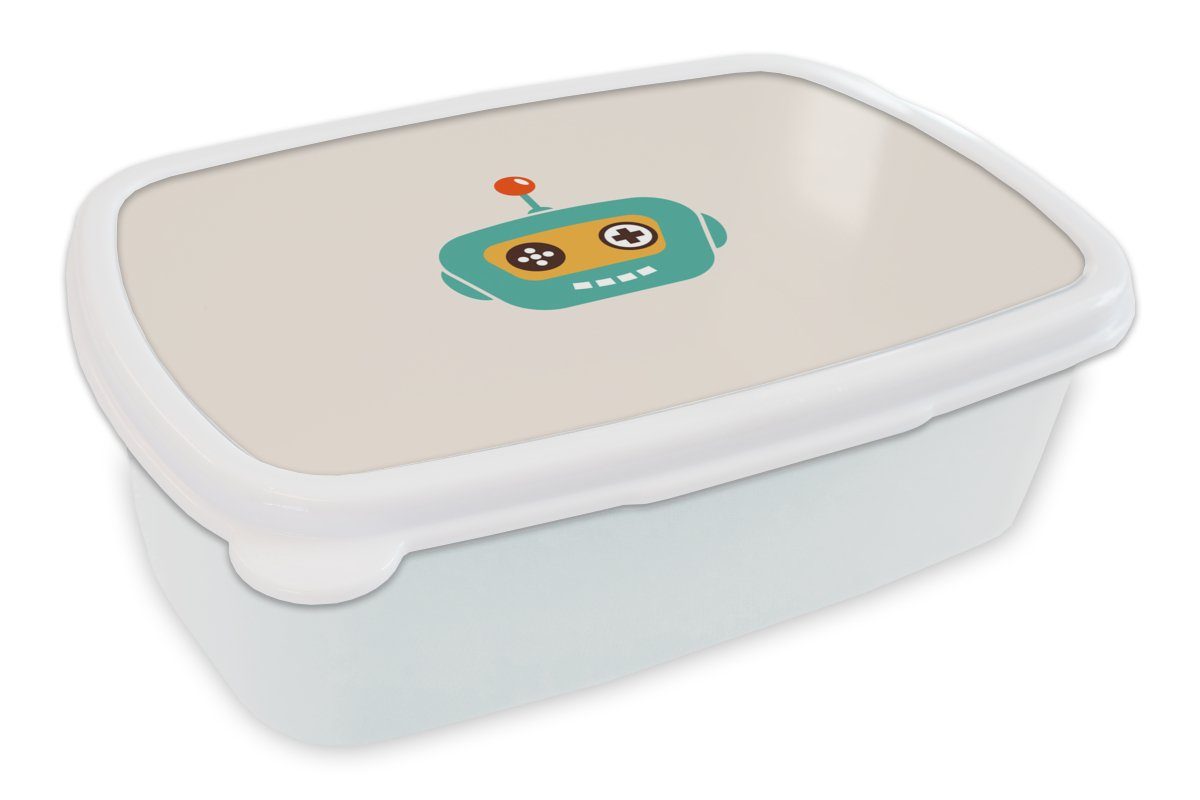 MuchoWow Lunchbox Roboter - Gesicht - Antenne - Technik - Junge - Kind, Kunststoff, (2-tlg), Brotbox für Kinder und Erwachsene, Brotdose, für Jungs und Mädchen weiß