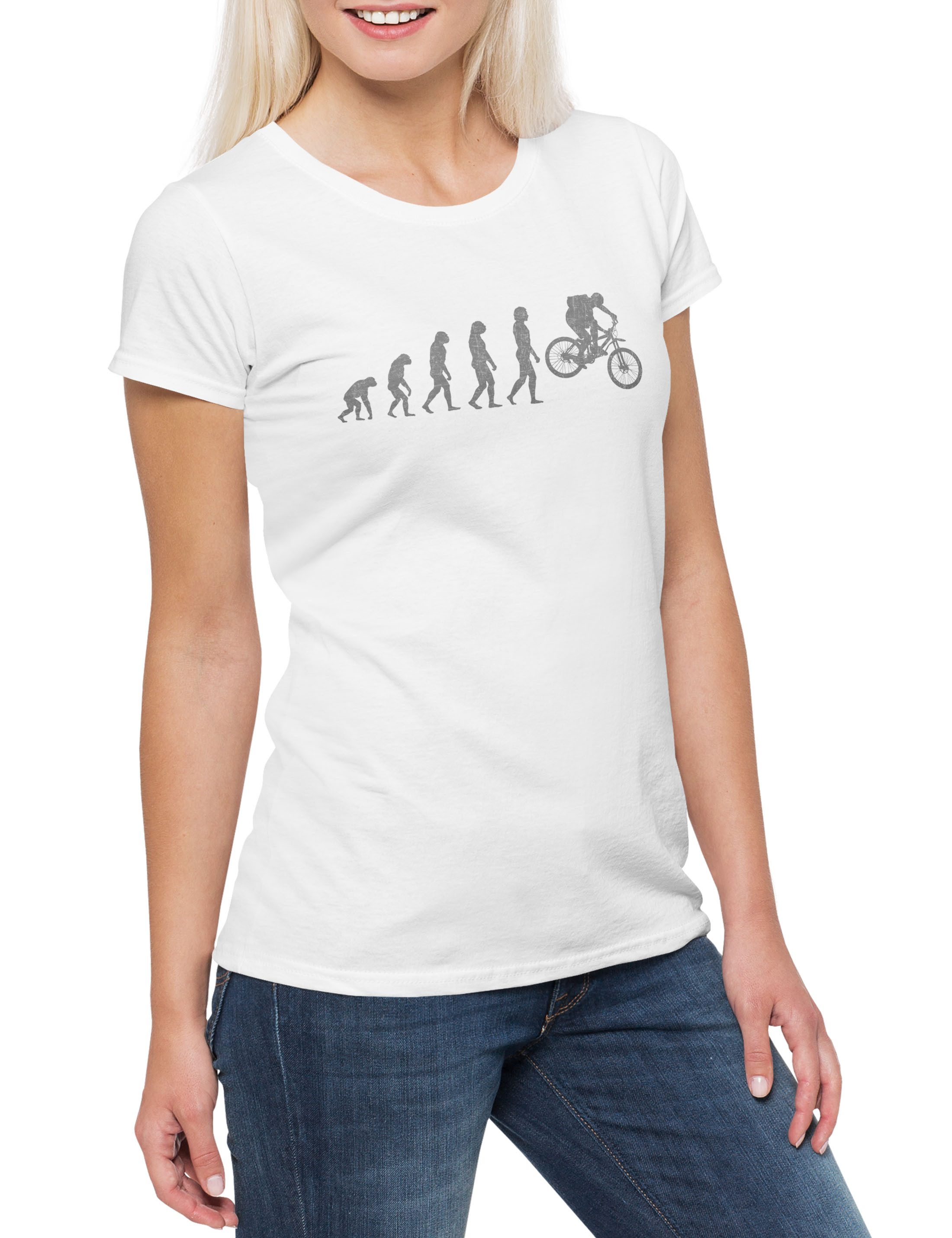 Urban Backwoods Print-Shirt Bycycle Evolution Damen T-Shirt Rennrad Fahrradfahrer Fahrrad Mountain (1-tlg) Bike Radrennen Tour Cross