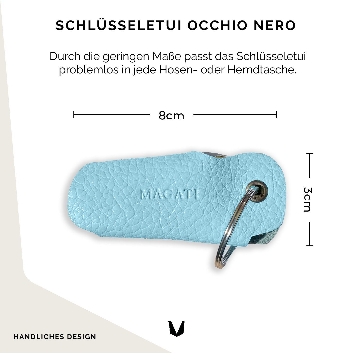 MAGATI Schlüsseltasche Occhio Nero aus 1-6 Einkaufswagenlöser, mit Schlüsselanhänger für Hellblau Leder Schlüssel, Platz