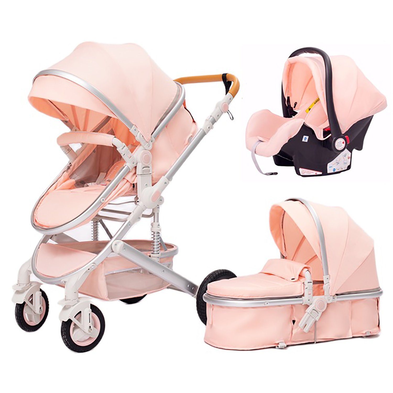 Kombi-Kinderwagen mit 3 Babyschale Babywanne TPFLiving Baby Buggy 1 Getränkehalter, Stoßfederung- Kinderwagen Sicherheitsschlaufe Pink 5-Punkt-Sicherheitsgurt in