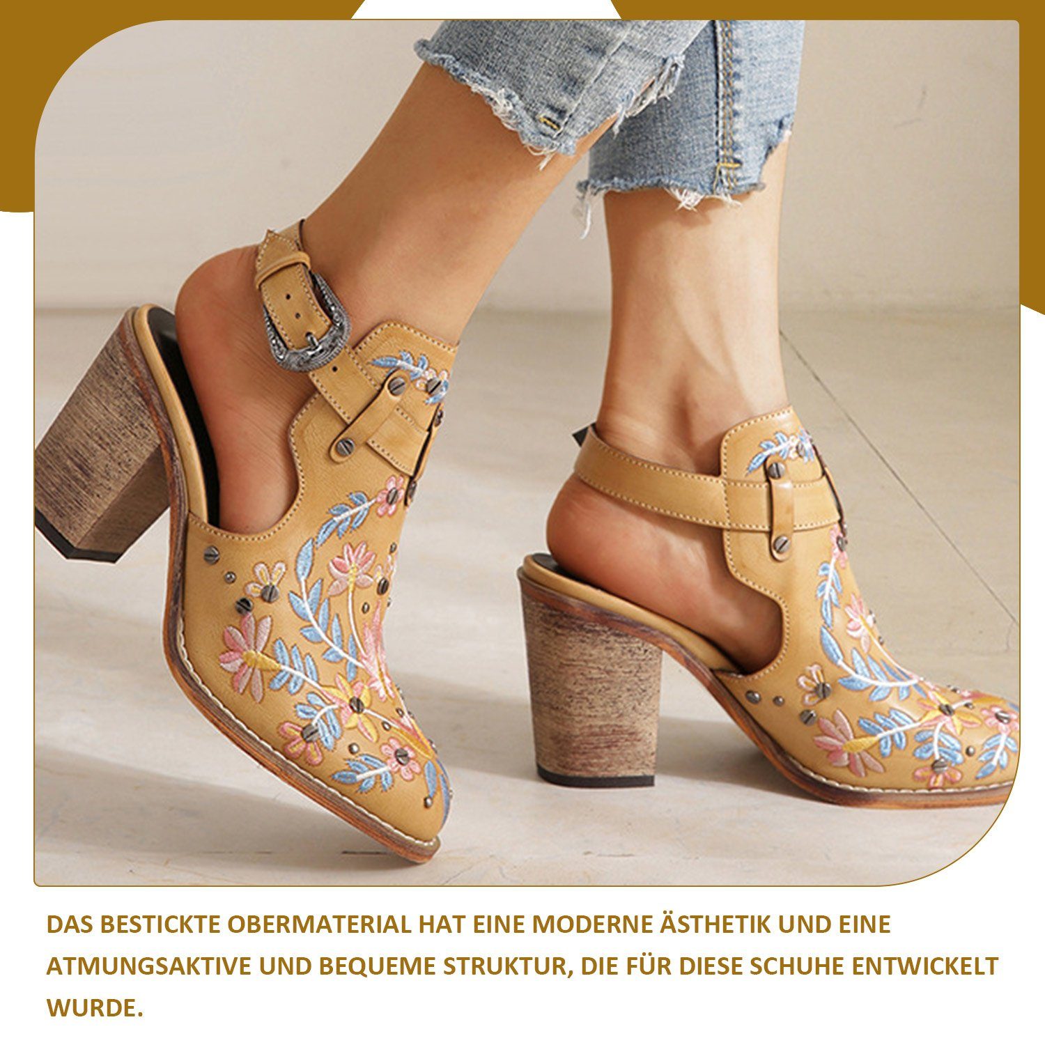 Daisred Braun Bestickte Sandalette Absätze Vintage Nieten-Sandalen Retro