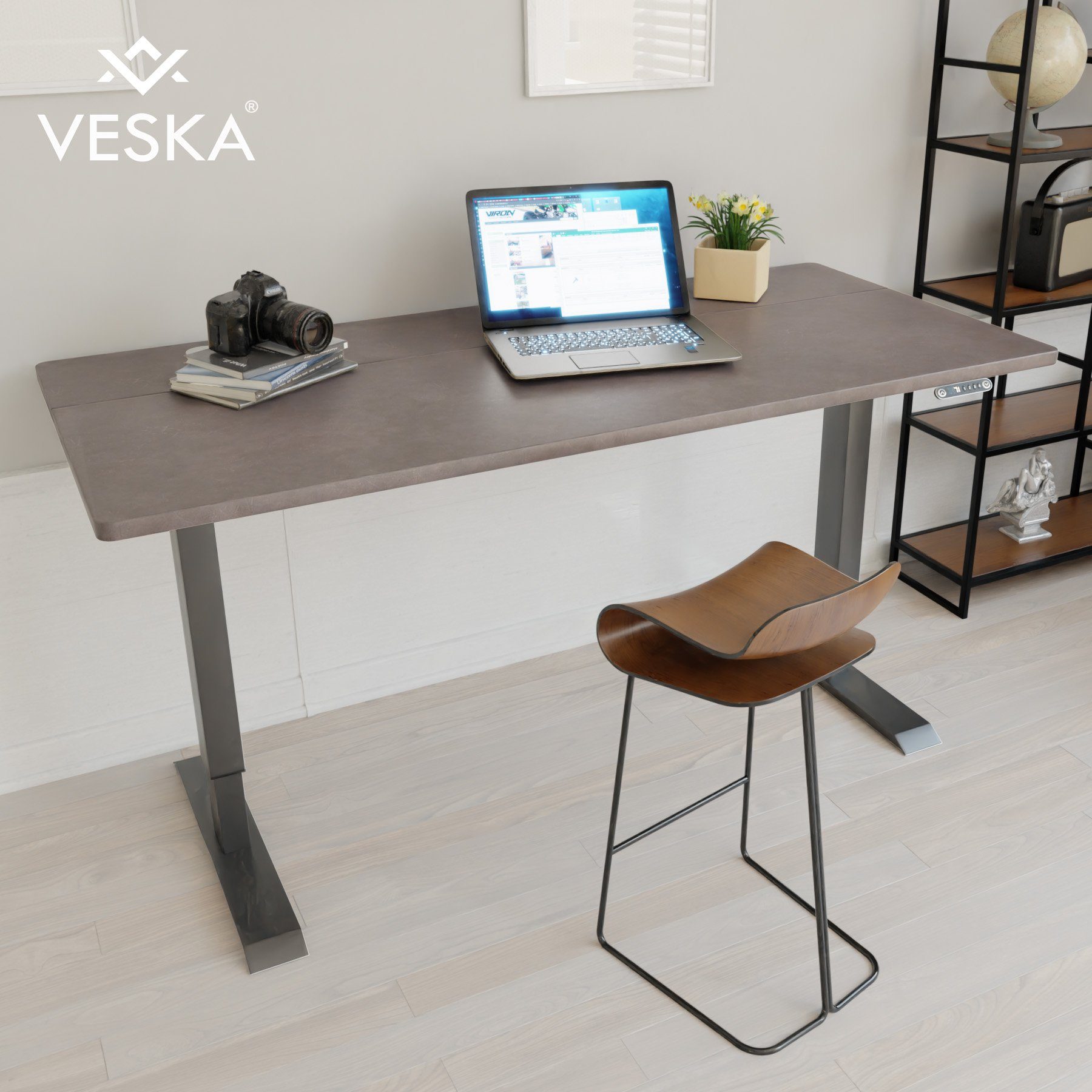 VESKA Schreibtisch Höhenverstellbar 140 x 70 cm - Bürotisch Elektrisch mit Touchscreen - Sitz- & Stehpult Home Office Anthrazit | Stein-Anthrazit