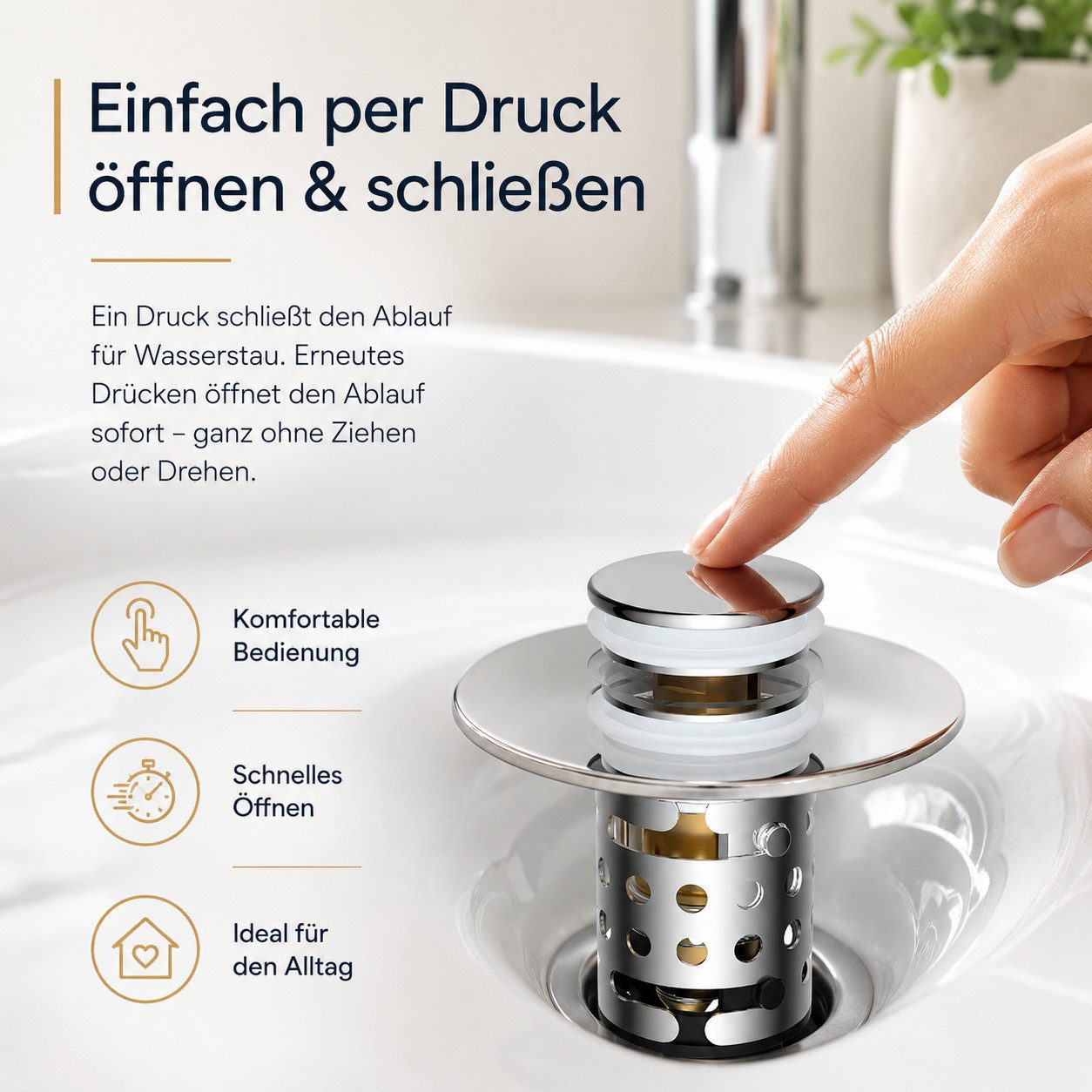 Luckice Waschbeckenstöpsel mit Abflusssieb, aus 304 Edelstahl 100% wasserdicht, (Universeller Pop Up Abflussstopfen mit Haarsieb, schnell ablaufend, für Bad, Kü – Bild 2 von 5