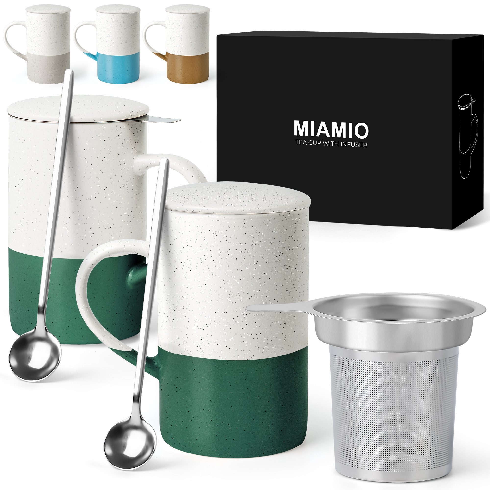 MiaMio Tasse für losen Tee mit Siebeinsatz und Deckel, Dunkelgrün, 2-tlg., Keramik, 500 ml je Tasse