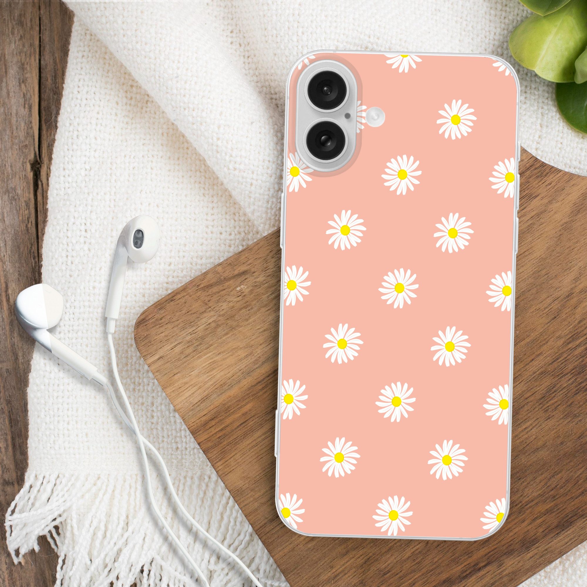 MuchoWow Handyhülle für Apple iPhone 16 Plus Gänseblümchen - Pastell - Weiß - Rosa - Blume, Smartphone-Bumper, Print, Handy Schutzhülle Dünn