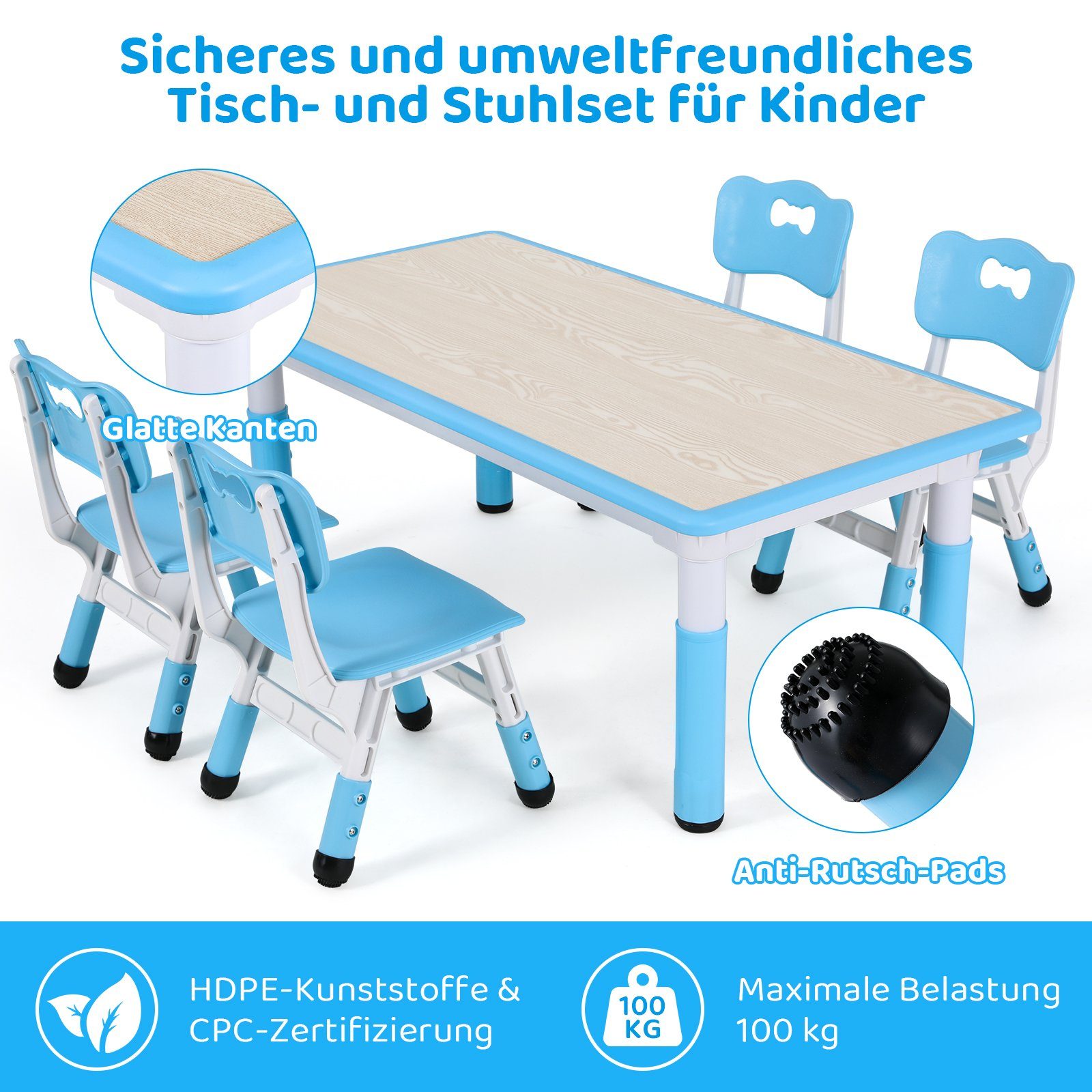 TLGREEN Kindersitzgruppe Plastik Kindermöbel, (5-tlg), mit 4 Stühlen Höhenverstellbar Blau Kindertisch