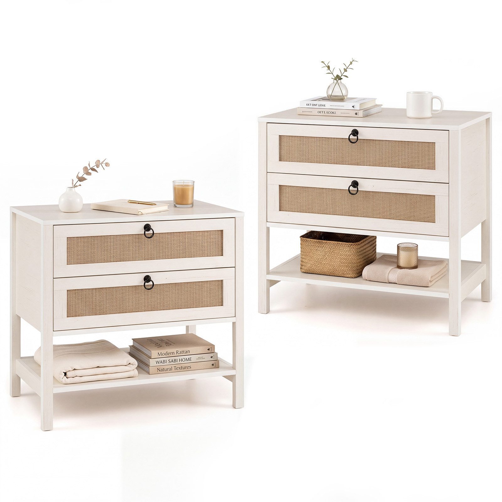 COSTWAY Nachttisch mit 2 Schubladen und offenem Regal Holz (2-St), Rattan Nachtkonsole