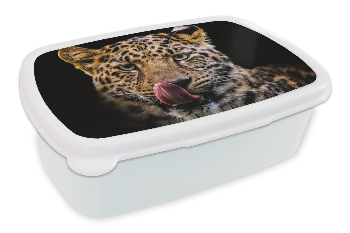 MuchoWow Lunchbox Leopard - Schwarz - Nahaufnahme, Kunststoff, (2-tlg), Brotbox für Kinder und Erwachsene, Brotdose, für Jungs und Mädchen weiß