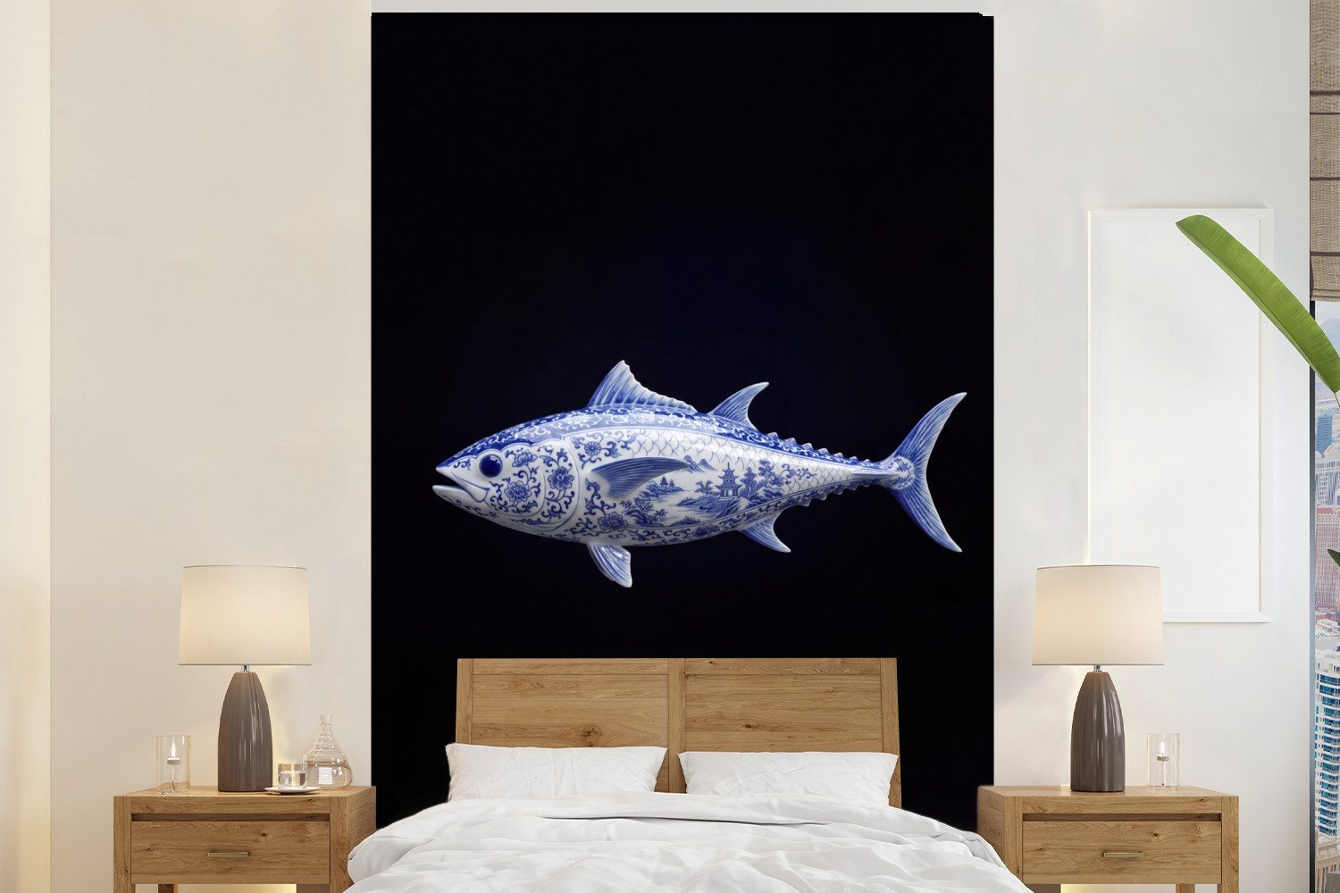 MuchoWow Fototapete Porzellan - Thunfisch - Delfter Keramik, Matt, bedruckt, Montagefertig Vinyl Tapete, Wandtapete, 145x220 cm
