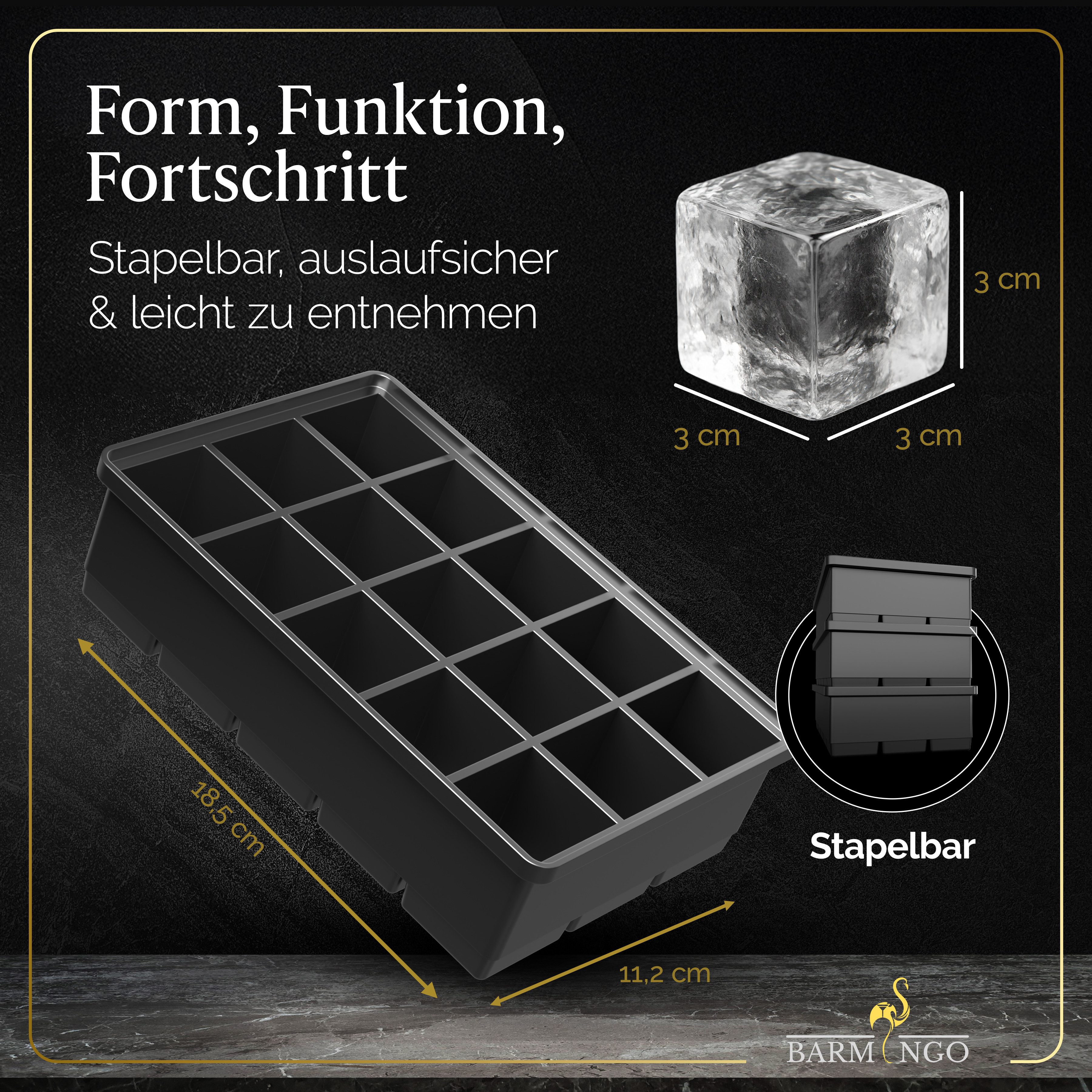 BARMINGO Eiswürfelform mit Deckel Silikon, BPA-freie Eiswürfelform groß / XXL, (3er Set), Große Eiswürfel Form auslaufsicher & spülmaschinenfest, Schwarz