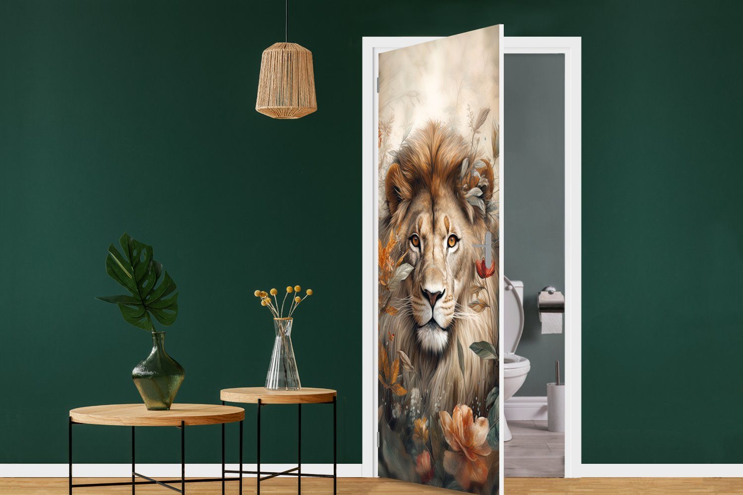 - - - Löwe Tür, cm Natur Blumen, - Wildtiere für (1 MuchoWow Pflanzen Türtapete St), Fototapete Türaufkleber, 75x205 Matt, bedruckt,