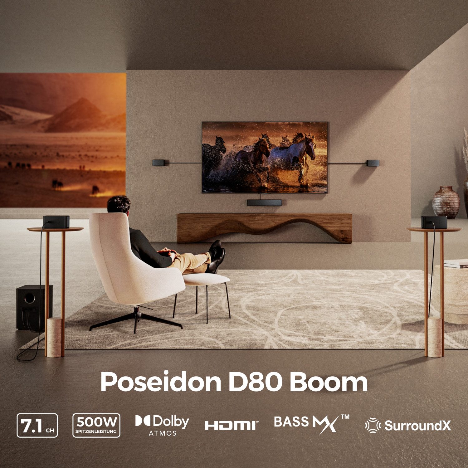 Ultimea Poseidon D80 Boom 7.1 Soundsystem Dolby Atmos (HDMI, Bluetooth, 500 W, 4 Surround-Lautsprecher + 6,5" Subwoofer (33 % mehr Bass)