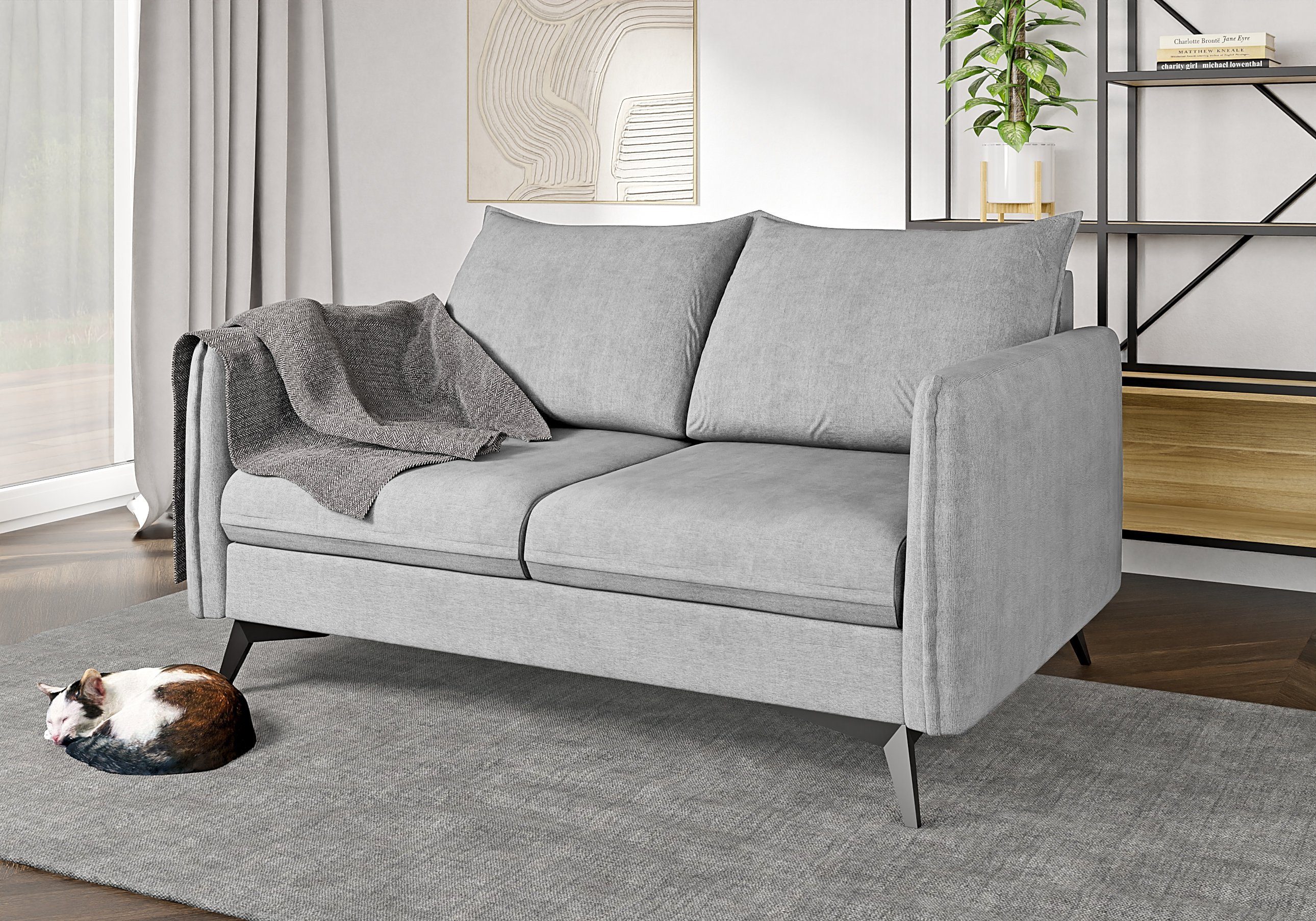 S-Style Möbel 2-Sitzer Modernes Sofa Azalea mit Schwarz Metall Füßen, mit Wellenfederung Silber