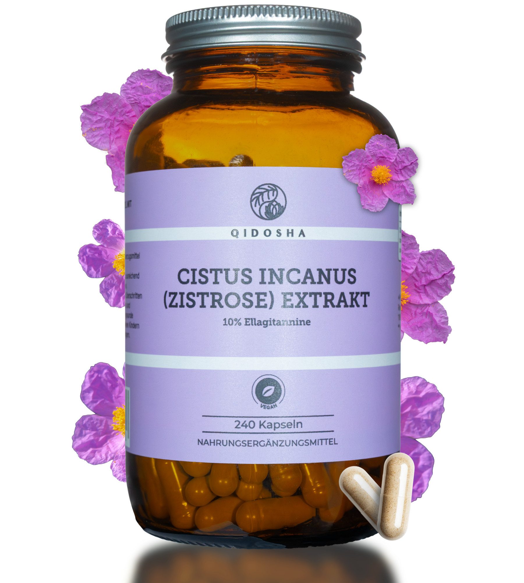 QIDOSHA Cistus incanus Zistrose Extrakt Kapseln 1000 mg Ellagitannine Vegan Hartkapsel, 1 er 120 Tage Zistrose Kapseln Polyphenole Clean Label Vegan Made Germany à 240 St., 144 g, Polyphenol Komplex Ellagitannin Made in Germany Apothekerglas