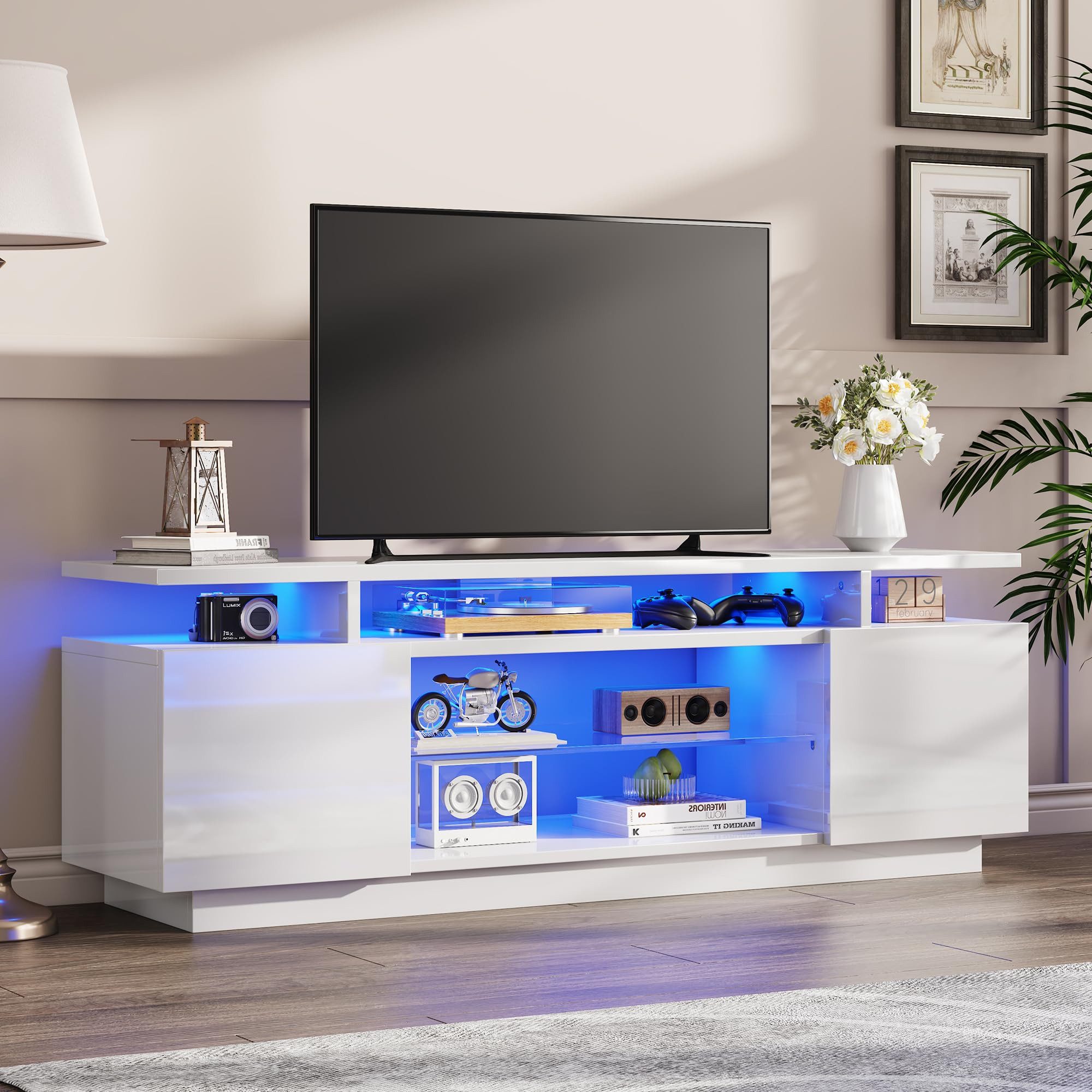 AMERLIFE Lowboard Hochglanz TV-Schrank mit RGB-LED, Fernsehtisch, TV-Regal, 160cm, 2 Türen & verstellbare Glasablage für TVs bis 75 Zoll