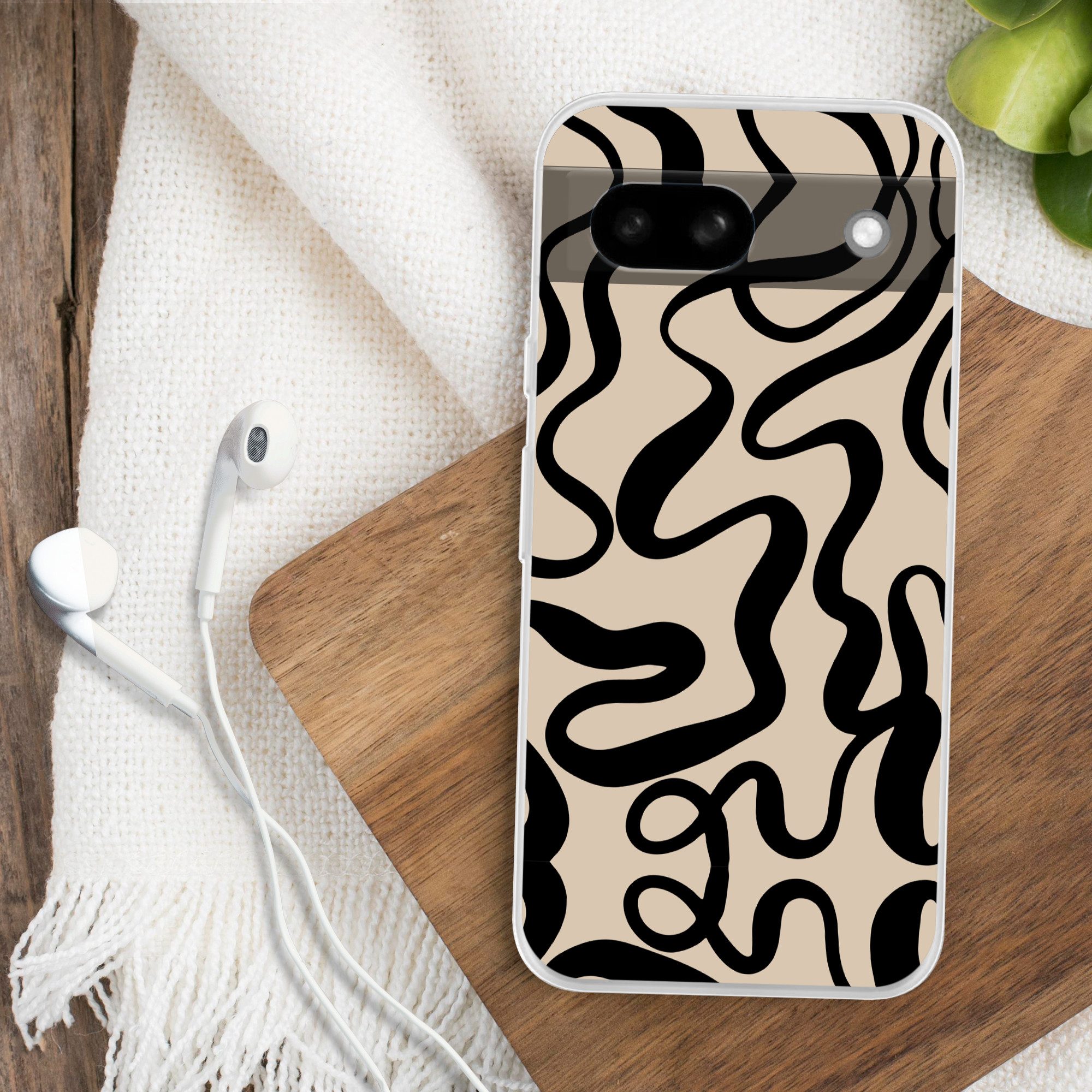 MuchoWow Handyhülle für Google Pixel 8a Linien - Schwarz - Beige - Abstrakt - Minimalistis, Phone Case, Silikon, Schutzhülle Dünn