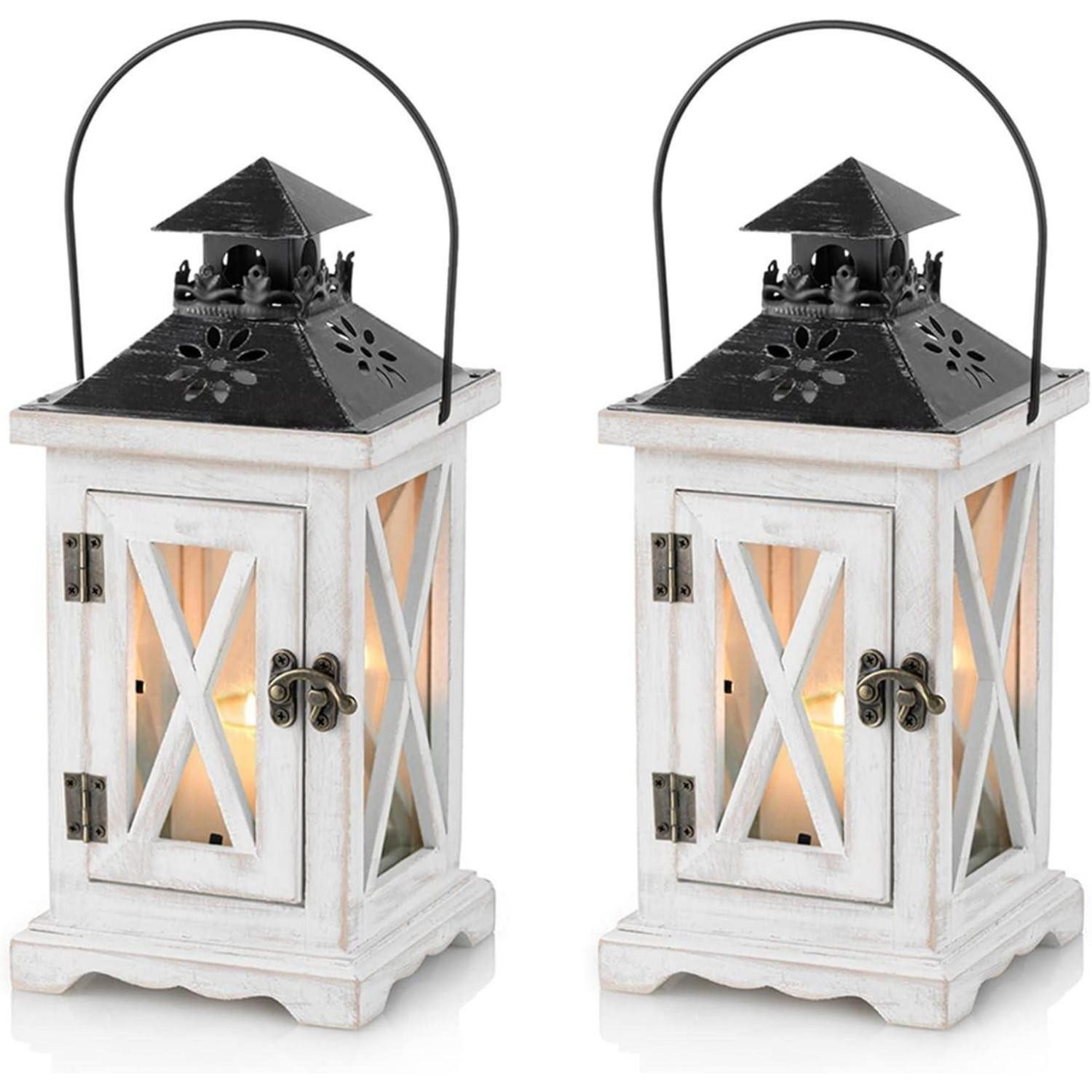 LuxusKollektion Windlicht Laterne Windlicht Kerzenhalter Holz Metall Vintage 28cm × 2 Weiß (1 St)