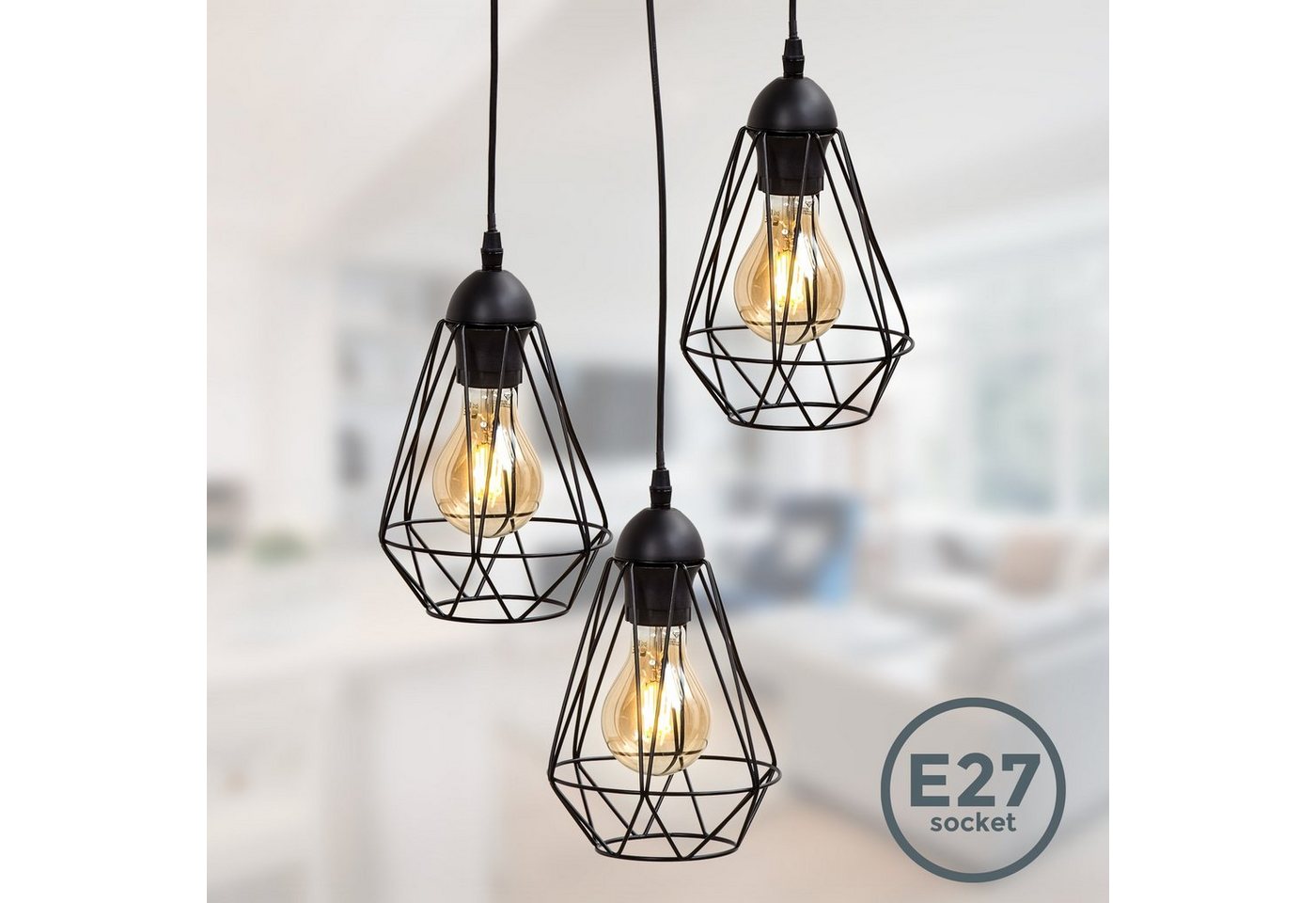 B.K.Licht Pendelleuchte, LED Hängelampe schwarz Metall Draht Vintage Hängeleuchte Retroleuchte E27-HomeTrends