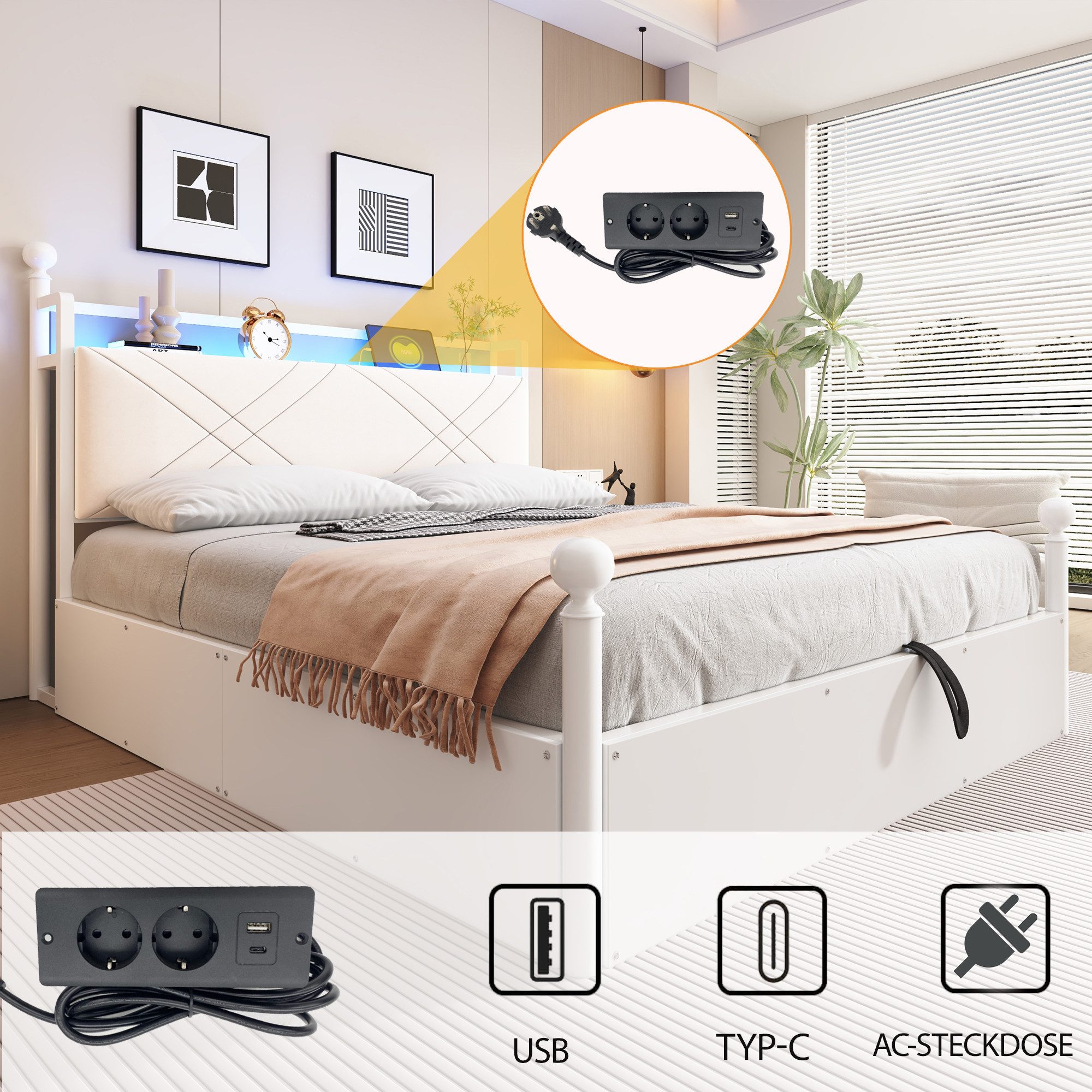 Flieks Himmelbett, Hydraulisches Stauraumbett Metallbett 140x190cm mit LED und USB/Typ-C