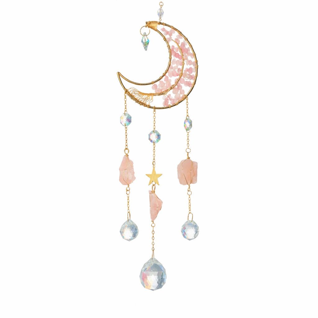 Karmandala Dekohänger Sonnenfänger mit Kristall Regenbogen Lichtspiel, echte Rosenquarz Edelsteine, spirituelle Boho Deko