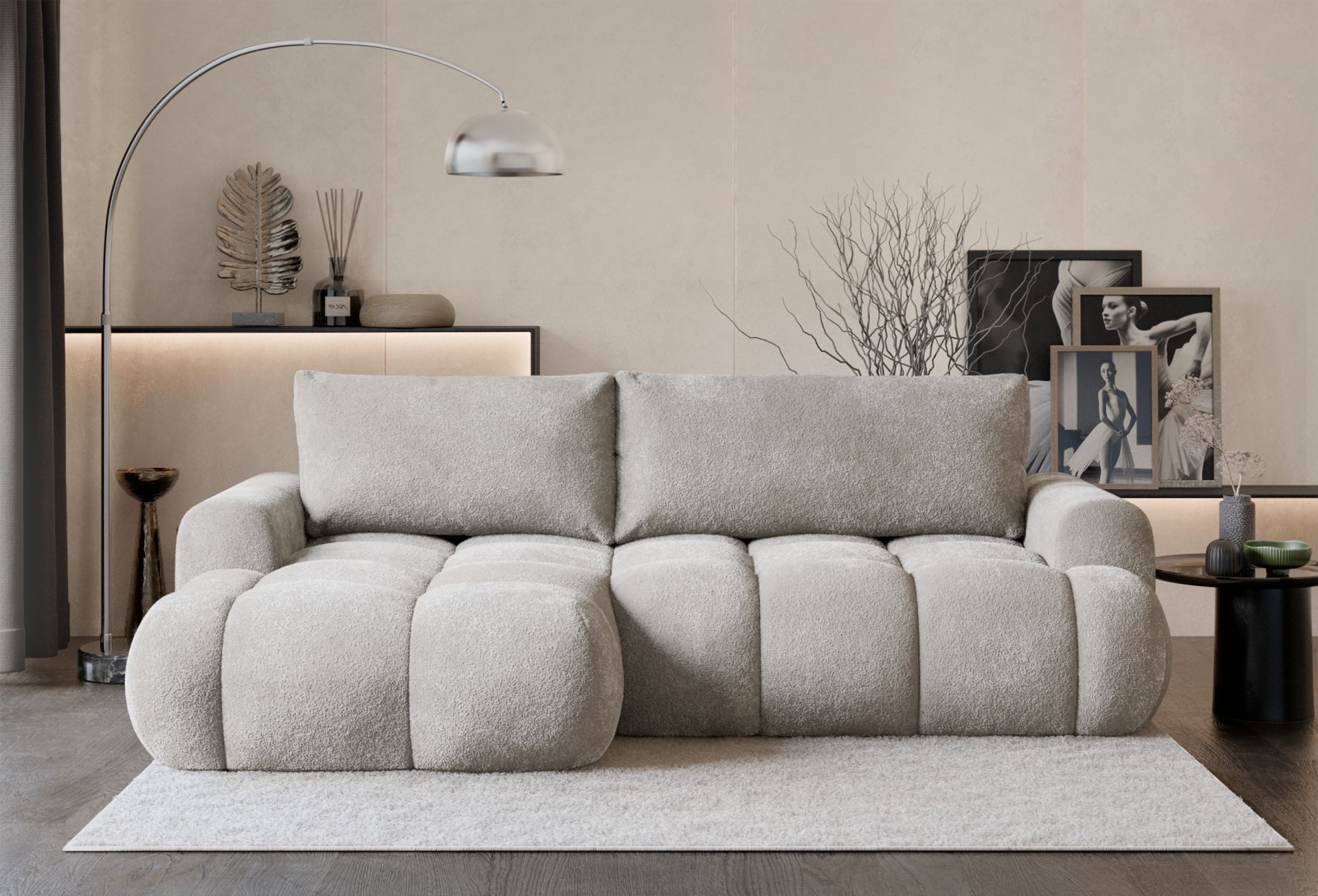 Selsey Ecksofa OMBO MINI, Ecksofa mit Schlaffunktion & Bettkasten, Bouclé, 246 cm