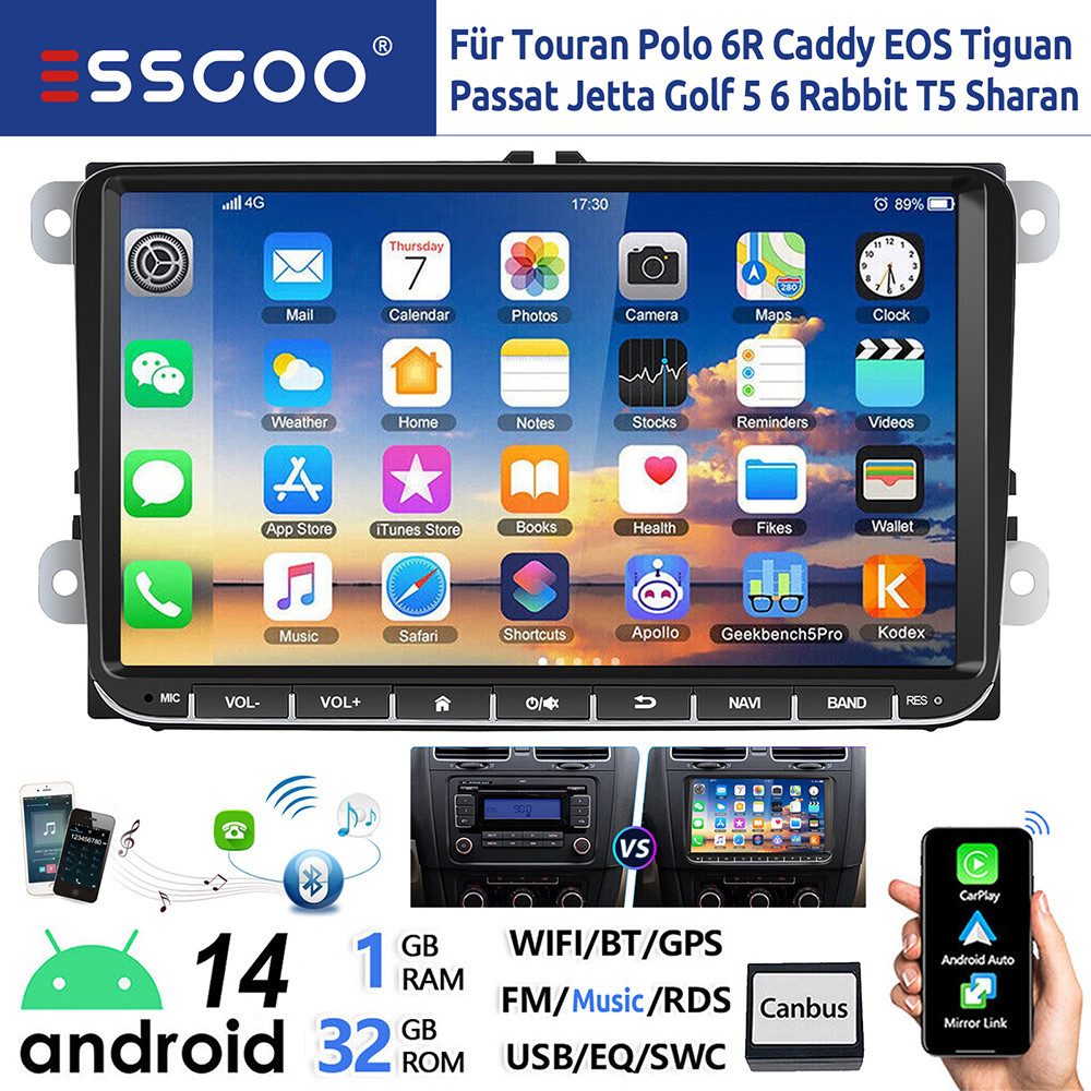 ESSGOO 9" Android 14 Carplay Für VW GOLF 5 6 Passat Caddy Touran EOS Polo 6R Autoradio (DAB+ (optional), FM, RDS, Android Auto GPS Navi WIFI FM Bluetooth RDS Touchscreen USB EQ)