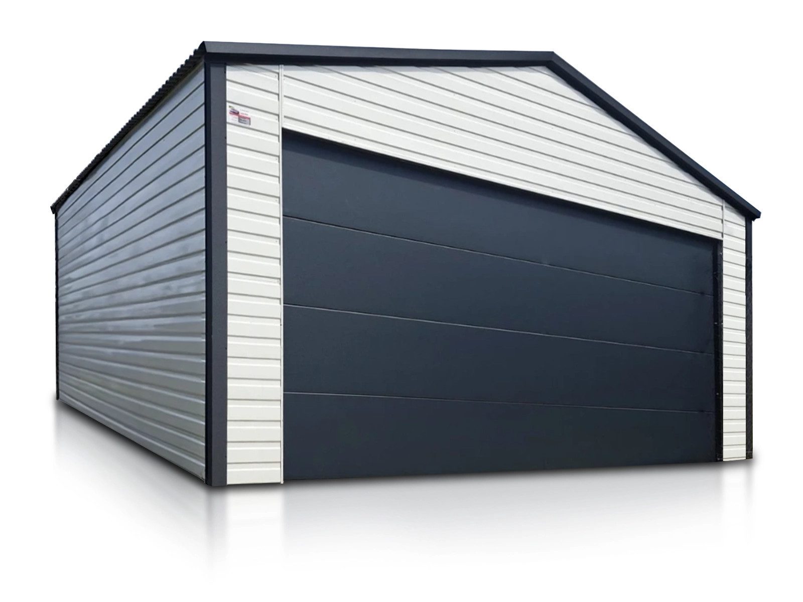 LiderStal Garage Einzelgarage aus Blech 600 x 580 cm Weiß Satteldach Sektionaltor (Set, für einen PKW), Satteldach, Sektionaltor mit Antrieb, Weiß-Anthrazit