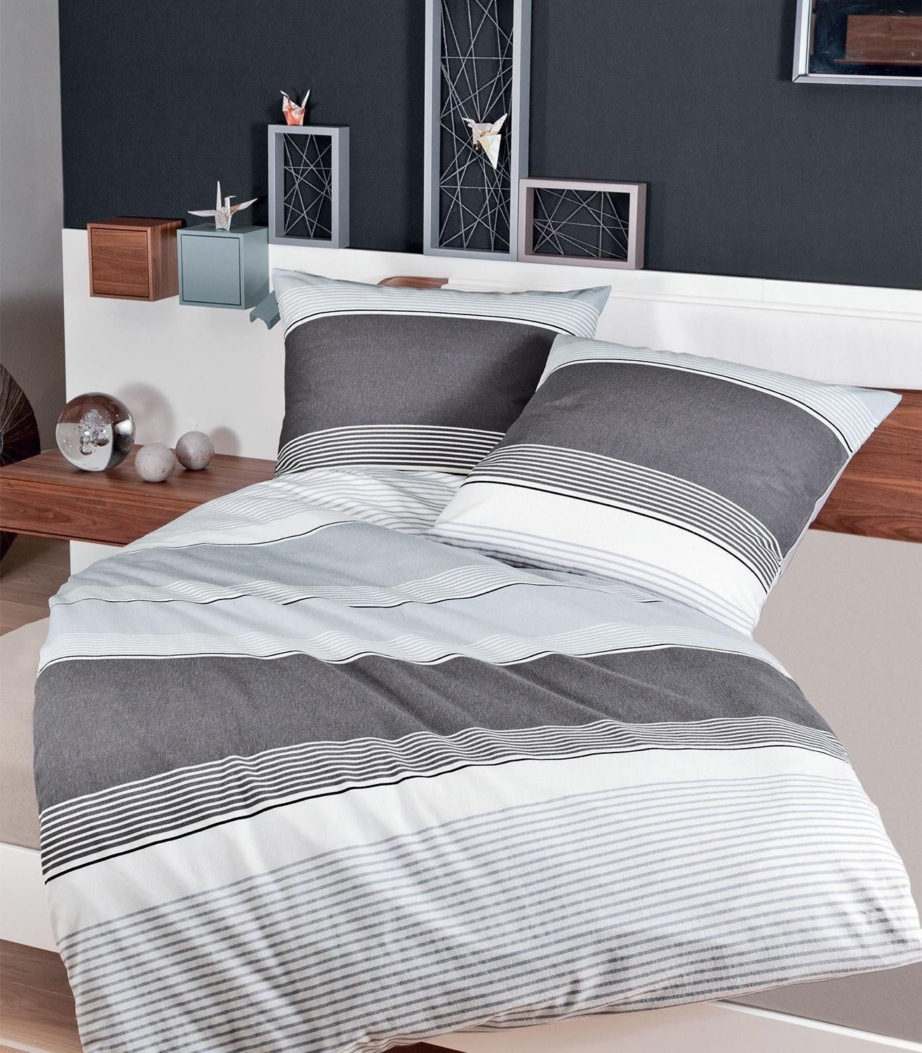Janine Bettwäsche DAVOS, Grau, Weiß, 155 x 220 cm, Baumwolle, 2 teilig, mit günstig online kaufen