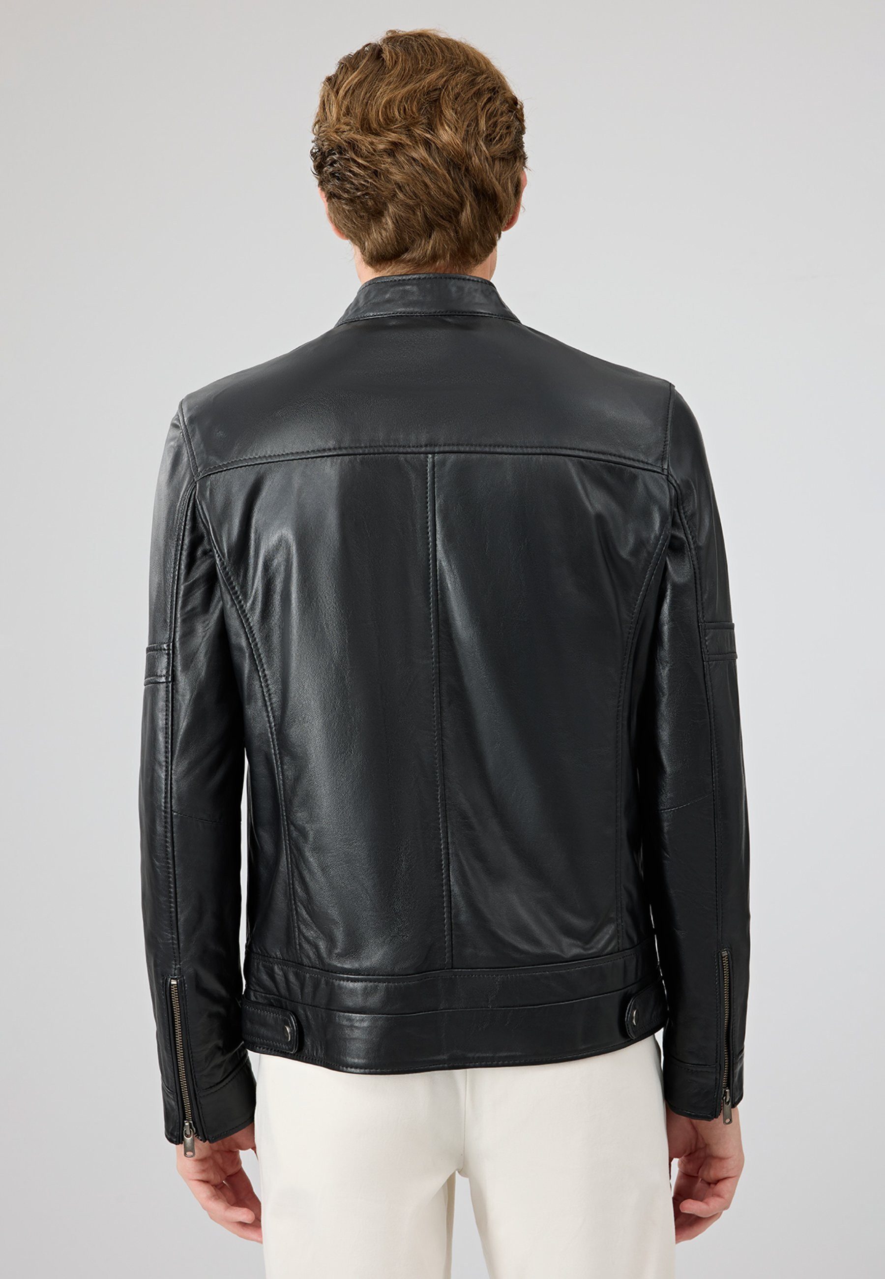 Derimod Lederjacke Patrick Lederjacke mit Stehkragen Regular Fit, Reißverschluss, Stehkragen, Kurz, Textilfutter