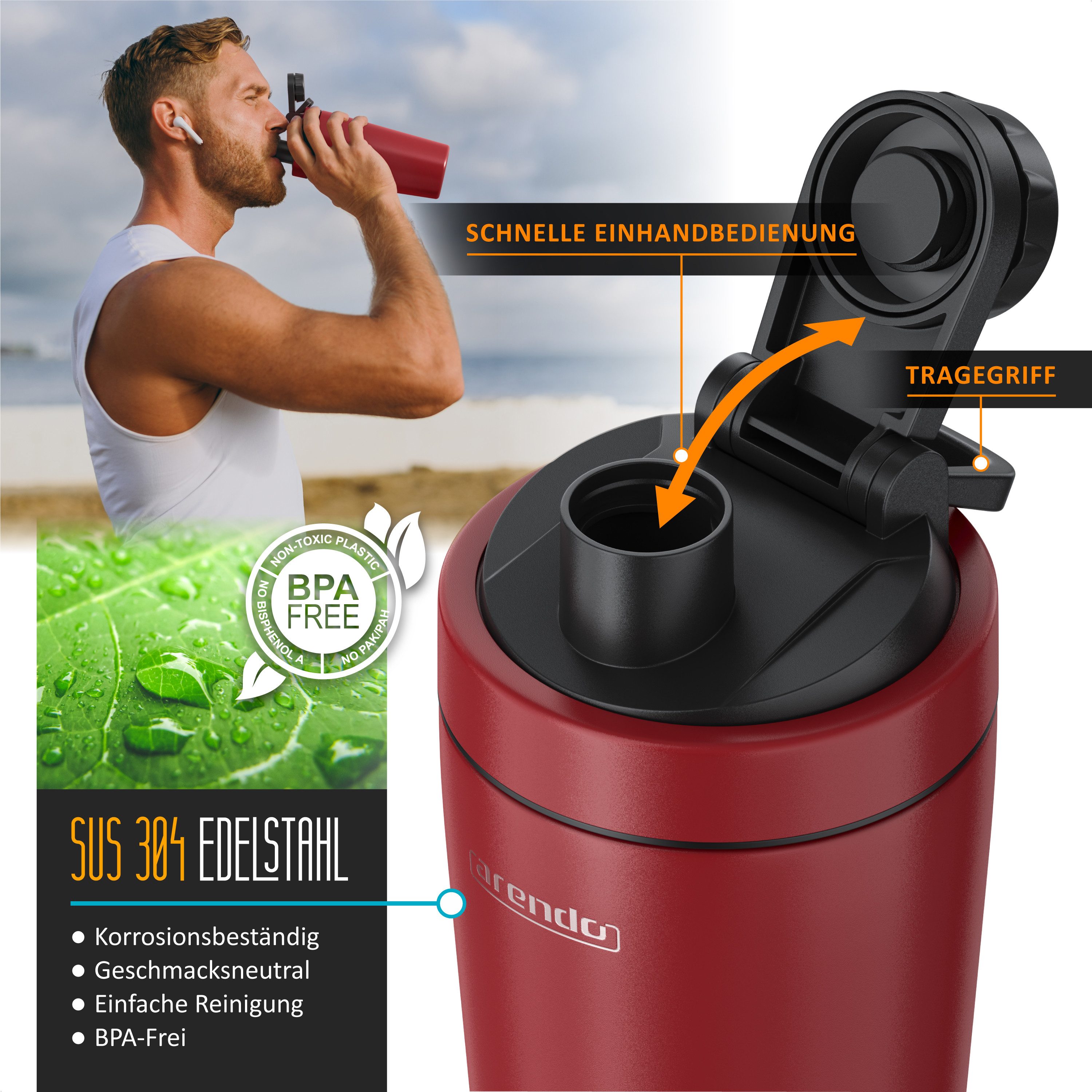 Arendo Protein Shaker Edelstahl Eiweißshaker 750 ml, rot, verschließbar, BPA-frei, Edelstahl, auslaufsicher, spülmaschinengeeignet, mit Tragegriff und Mixball