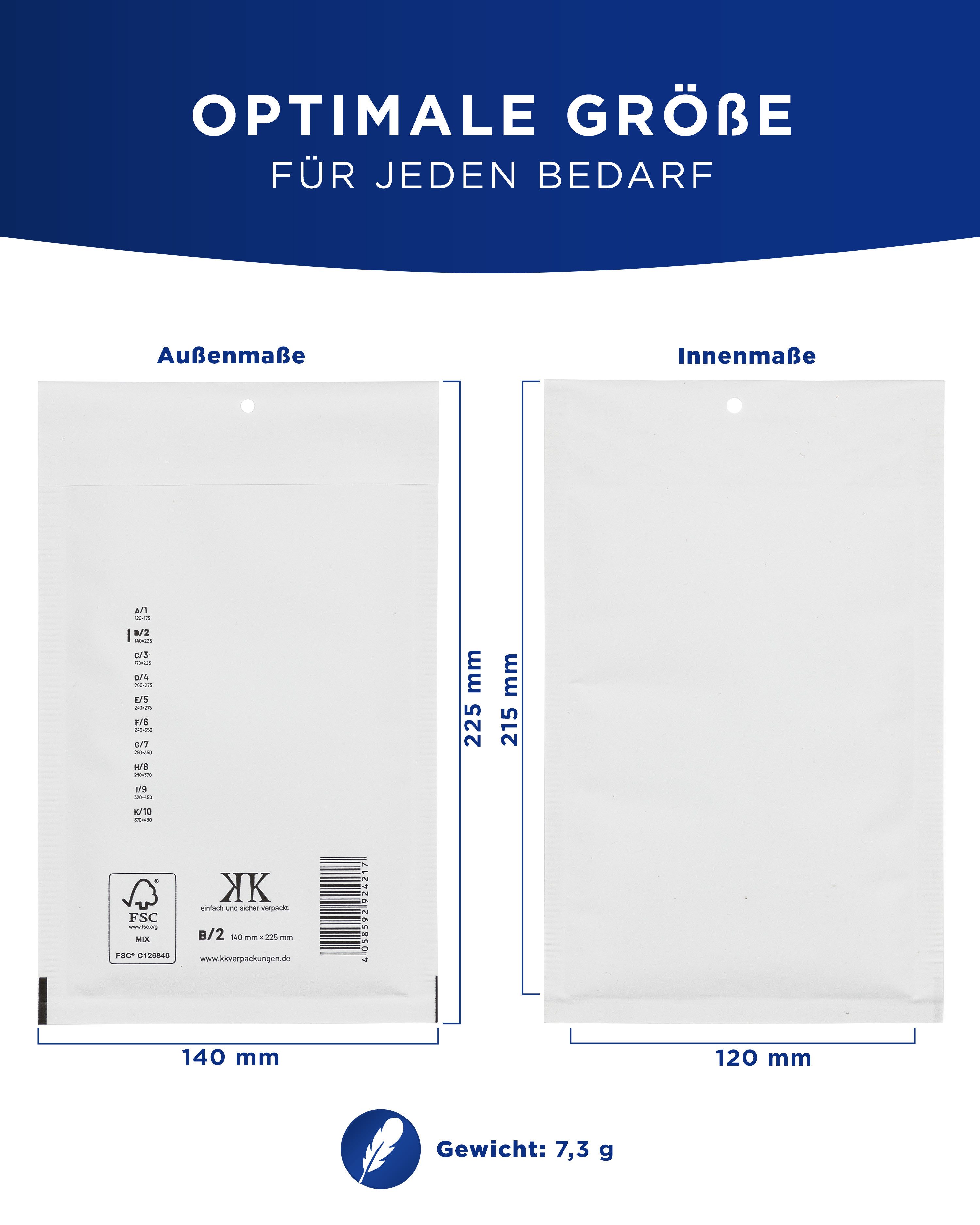 Thumbnail - KK Verpackungen Versandtasche, 600 Luftpolster-Versandtaschen B2 B/2 140x225mm (Außenmaß) Weiß
