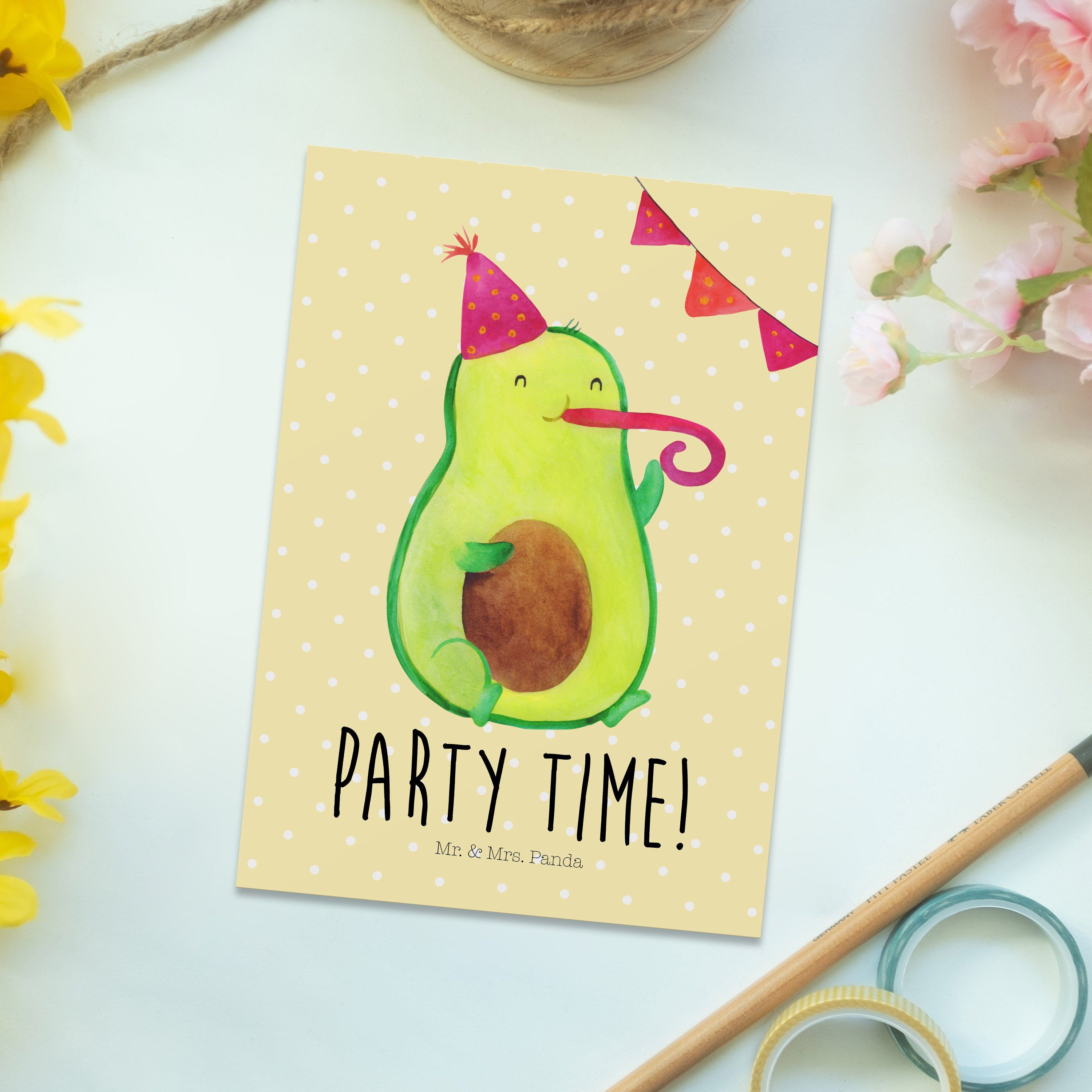 - Mr. Geschenk, Mrs. Dankeska & Geschenkkarte, Panda Party Time Gelb Avocado Pastell - Postkarte